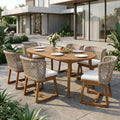 Christopher Knight Home Boho Outdoor Solid Acacia Wood 7 Piece Oval Dining Table Set With Wicker Chairs And Cushions