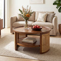 Christopher Knight Home Boho Round Coffee Table With 2 Tier Storage Shelf Pine Wood Center Table With Metal Rattan Accents