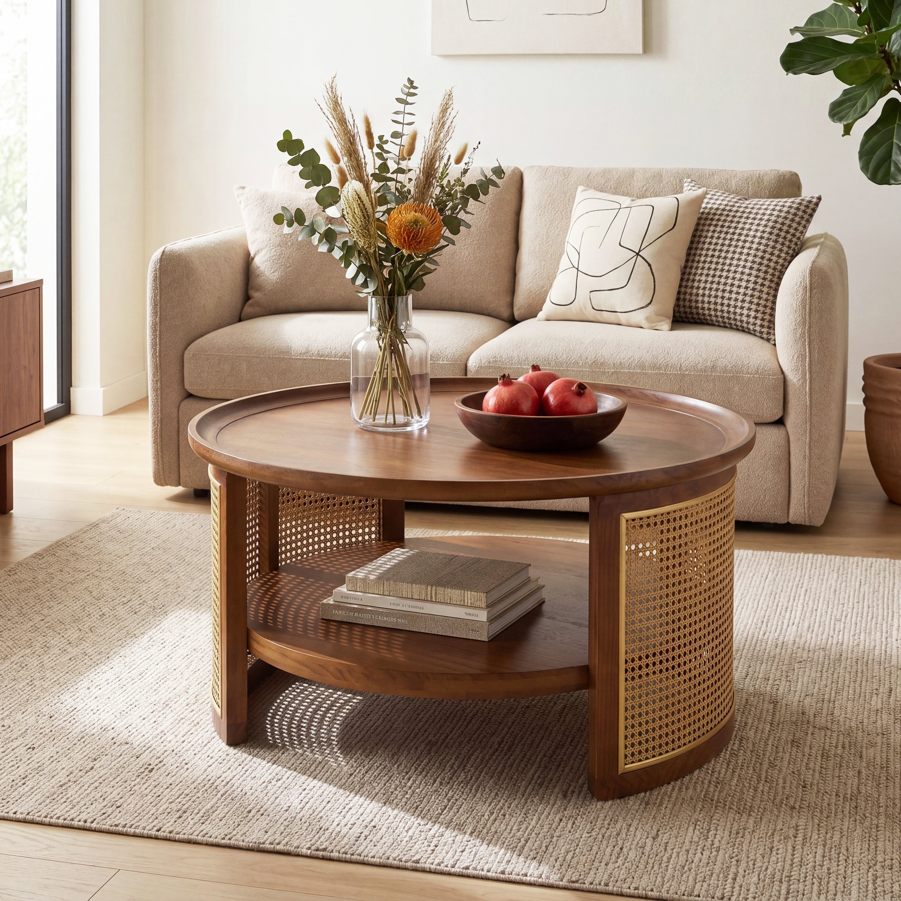 Christopher Knight Home Boho Round Coffee Table With 2 Tier Storage Shelf Pine Wood Center Table With Metal Rattan Accents