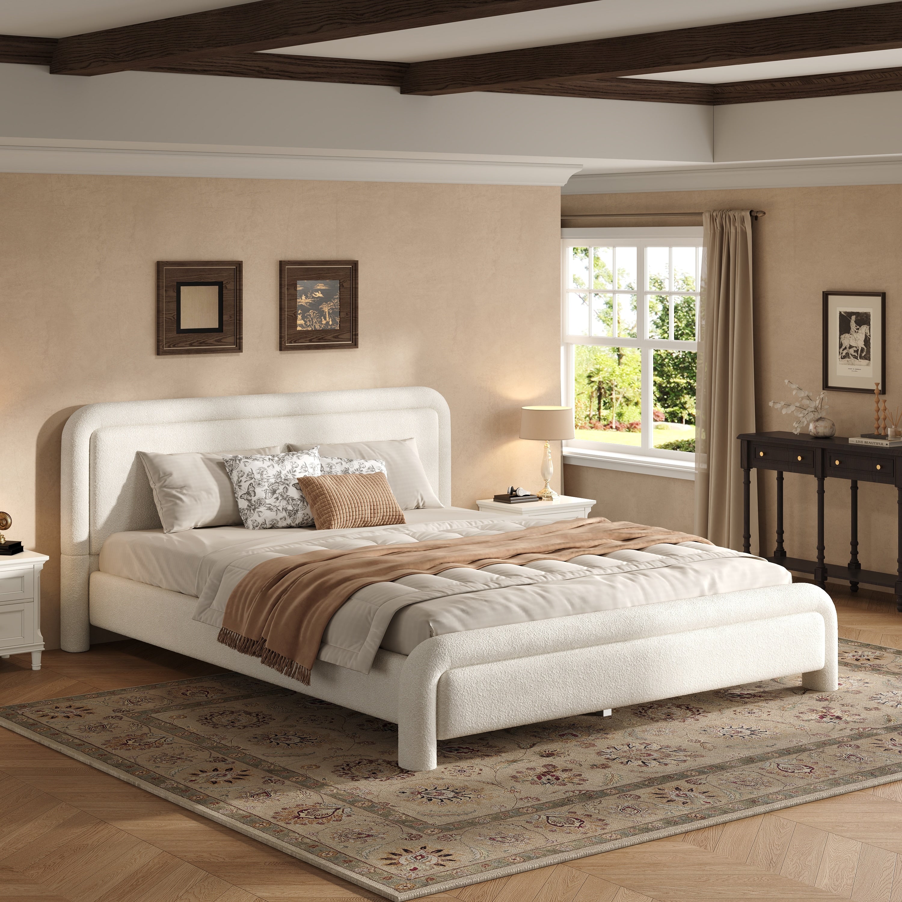 Christopher Knight Home Boucle Upholstered Platform Bed Frame With Curved Headboard