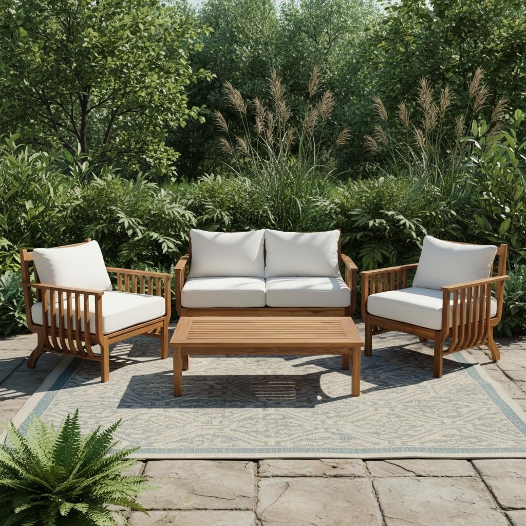 Christopher Knight Home Brandon 4 Piece Outdoor Seating Set Acacia Wood With Cushions Slatted Coffee Table