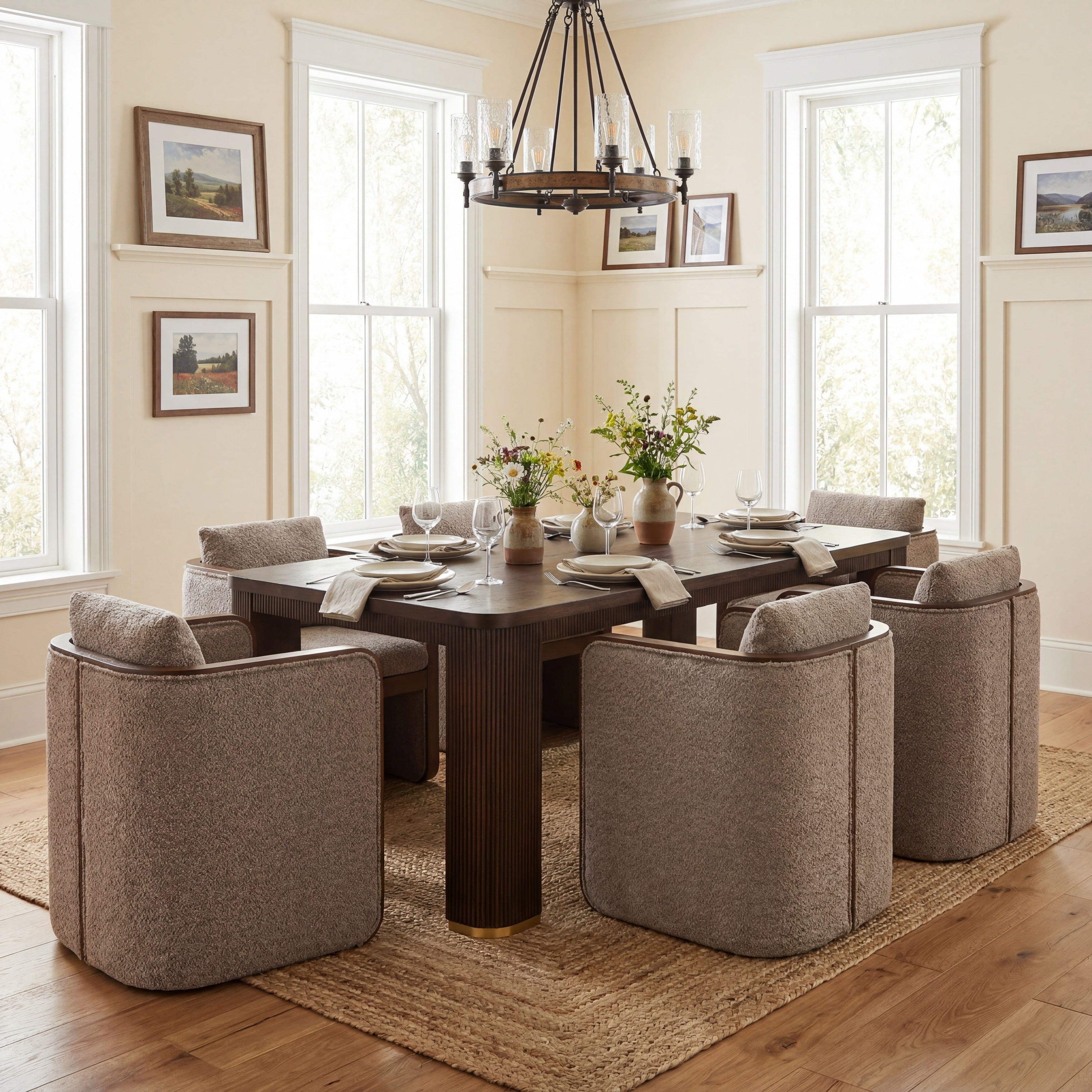 Christopher Knight Home Brighton 7 Piece Fluted Wood Top Dining Set With Dining Table And Oversized Upholstered Dining Chairs