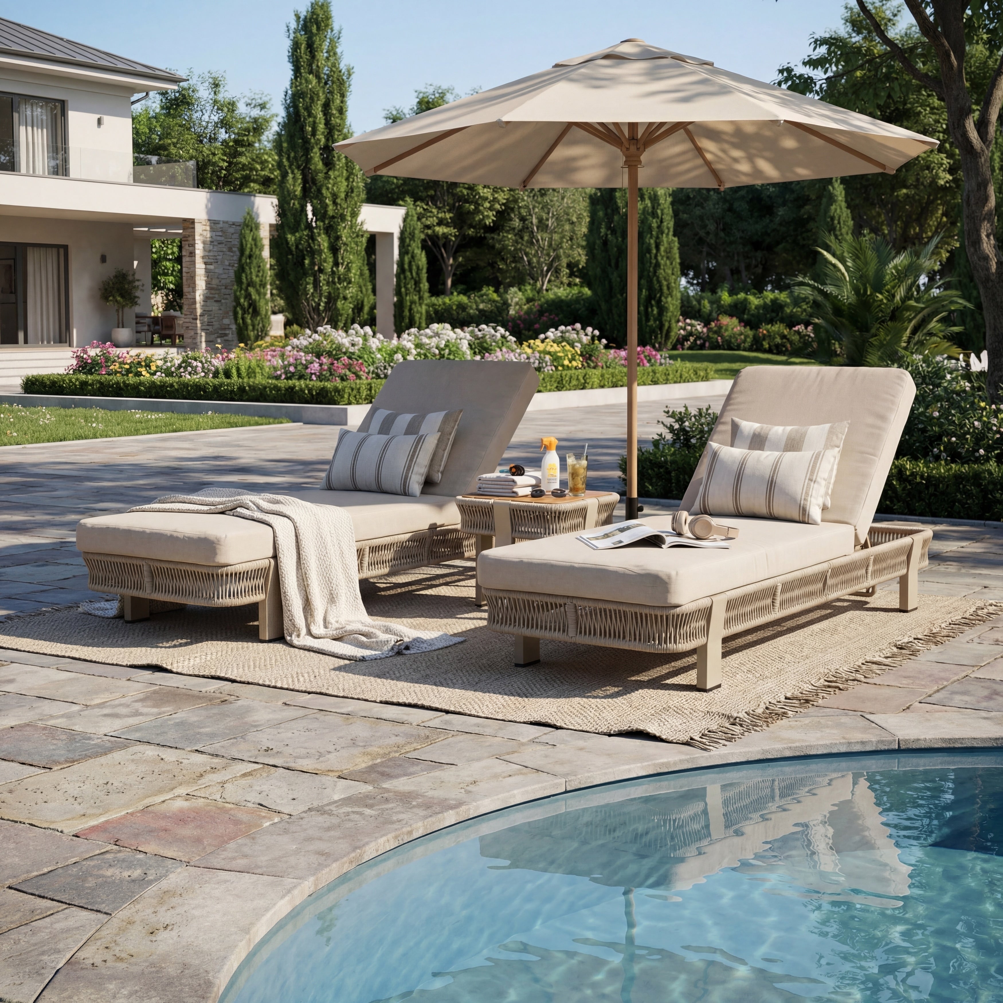 Christopher Knight Home Broadway Outdoor Chaise Lounge Set Acacia Wood Rope Weave Frames Adjustable Cushioned Seating