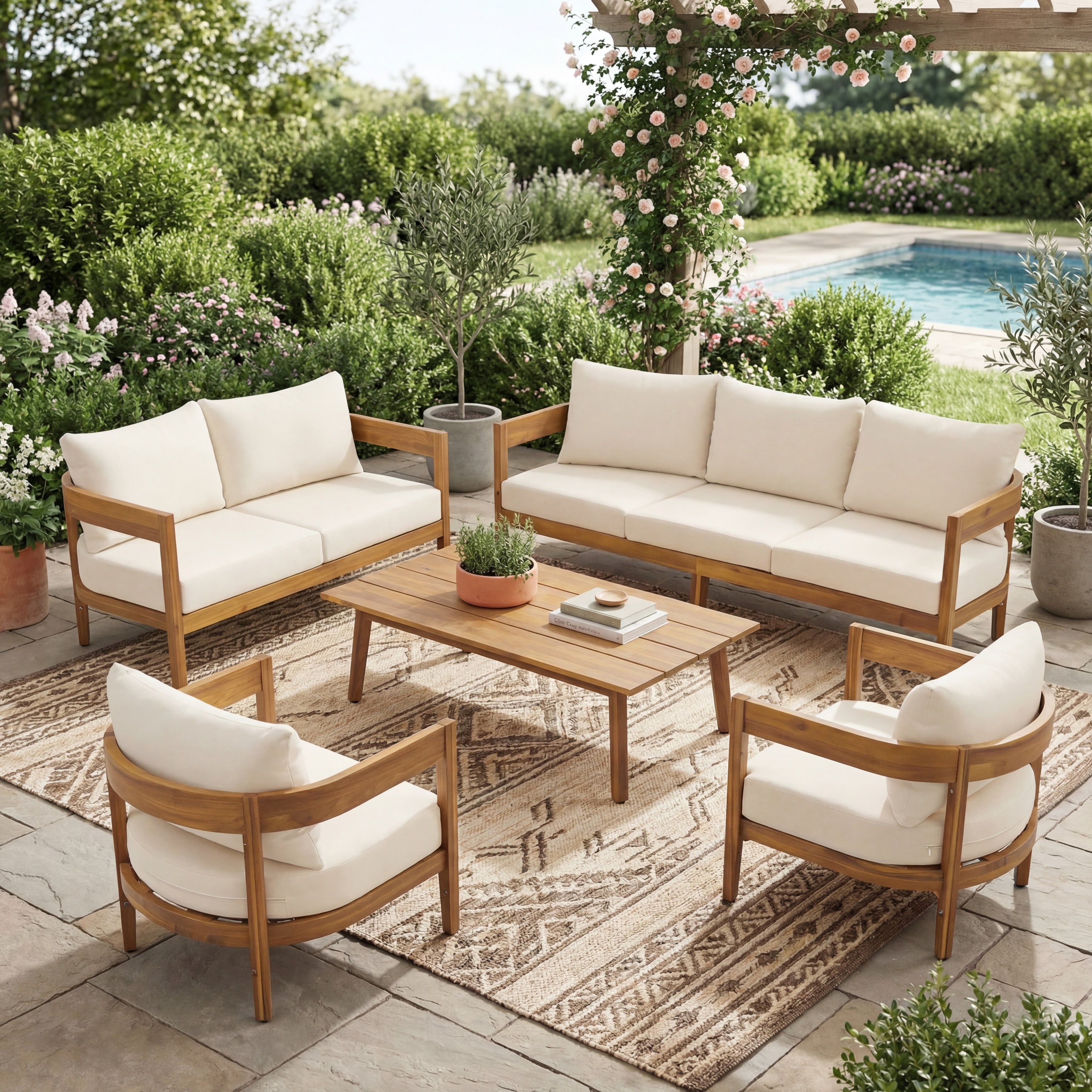 Christopher Knight Home Brooklyn 5 Piece Outdoor Acacia Wood Patio Conversation Set With Wooden Slatted Coffee Table