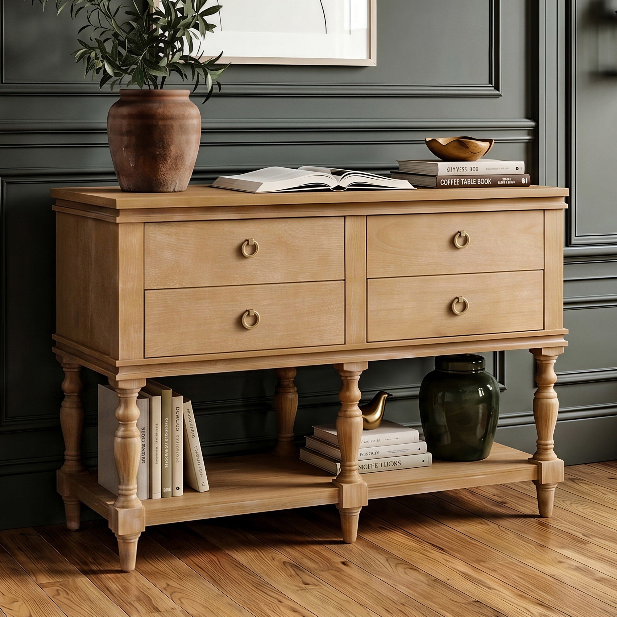 Christopher Knight Home Cairo Classic Console Table Solid Wood Legs Soft Close Drawers Bottom Shelf Turned Legs Design