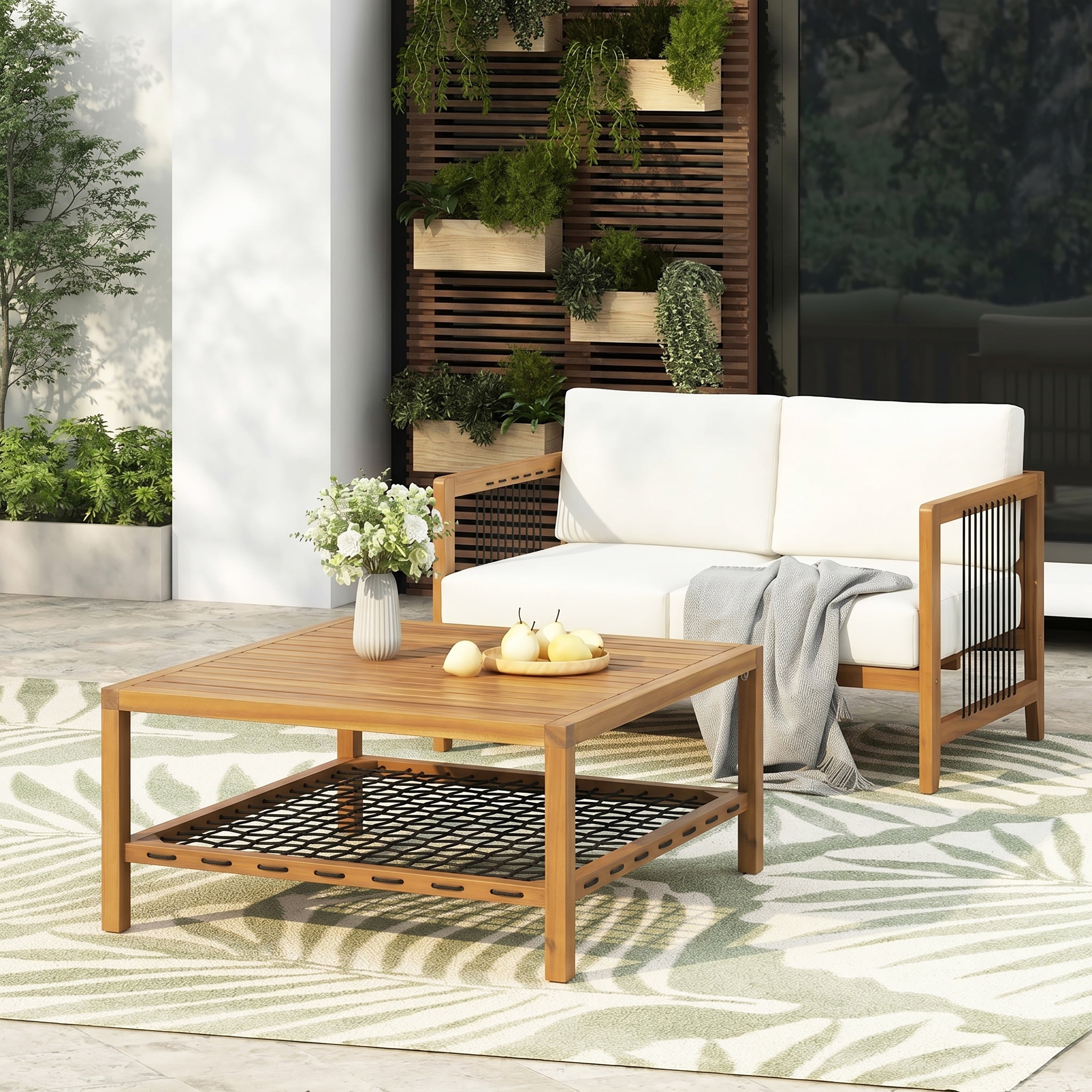 Christopher Knight Home Caleb 2 Piece Outdoor Loveseat Set Acacia Wood Rope Design Patio Seating With Coffee Table