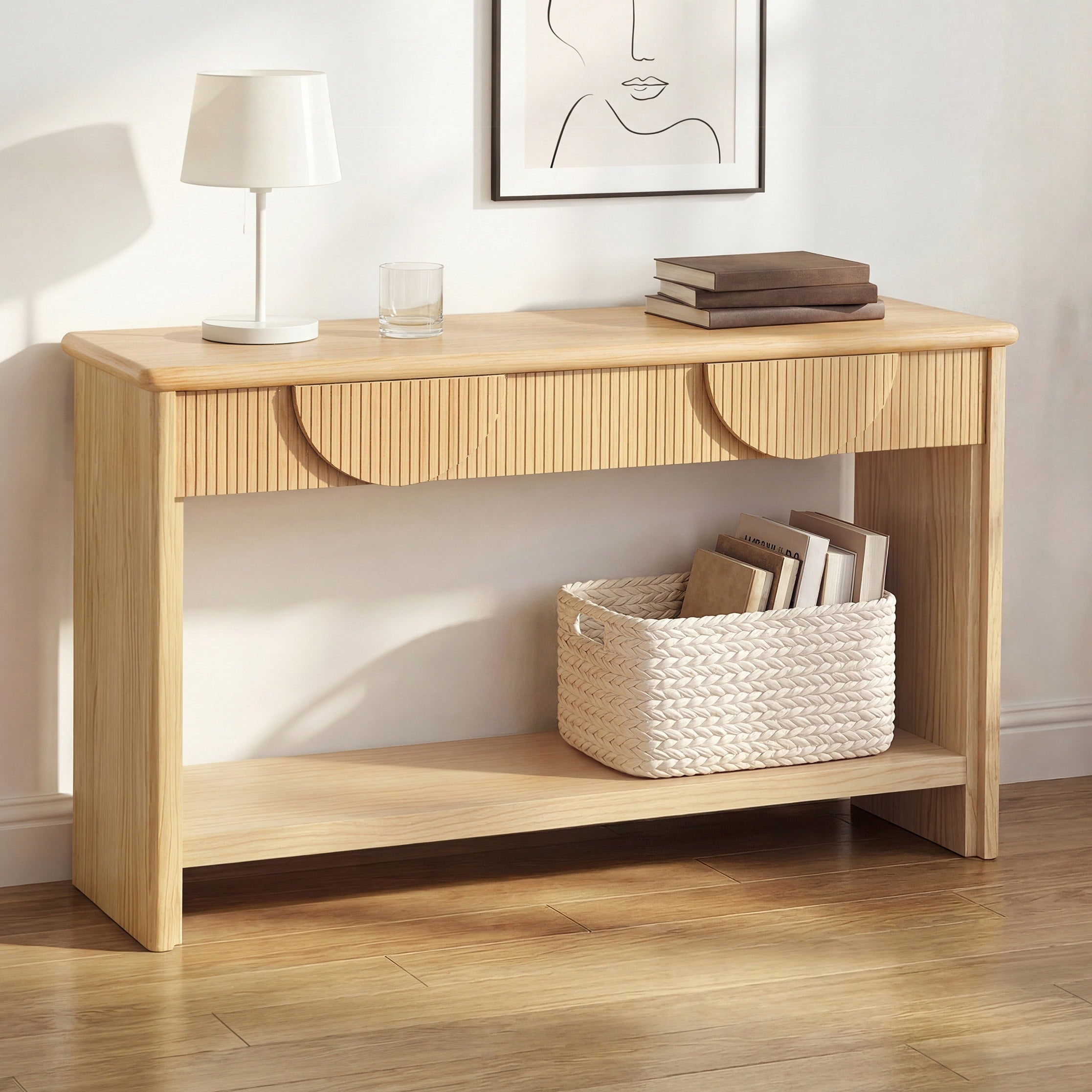 Christopher Knight Home Calloway Console Table Solid Wood Top Soft Close Semi Circular Drawers Bottom Display Shelf