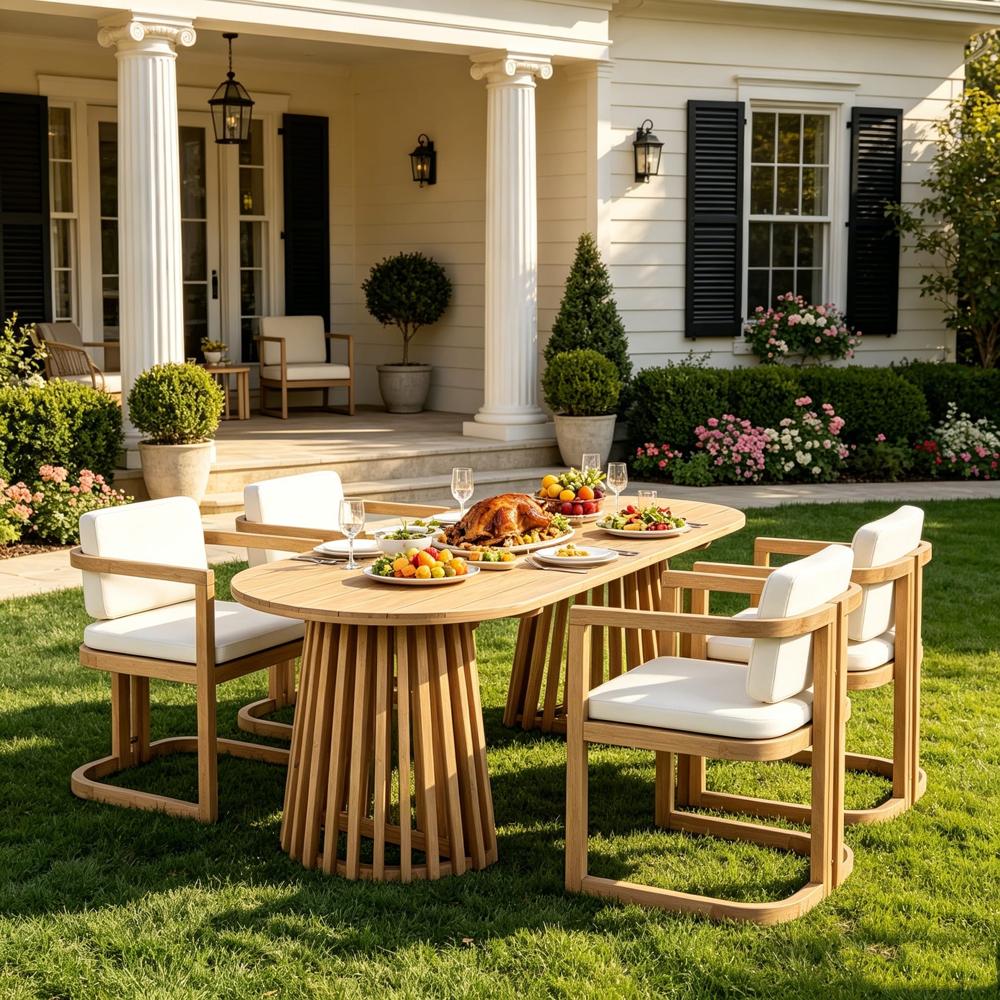 Christopher Knight Home Calyra Outdoor Acacia Wood Dining Set With Water Resistant Cushions And Dual Slatted Pedestal Table