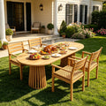 Christopher Knight Home Camberly Outdoor Acacia Wood Dining Set With Woven Armchairs And Dual Slatted Pedestal Table