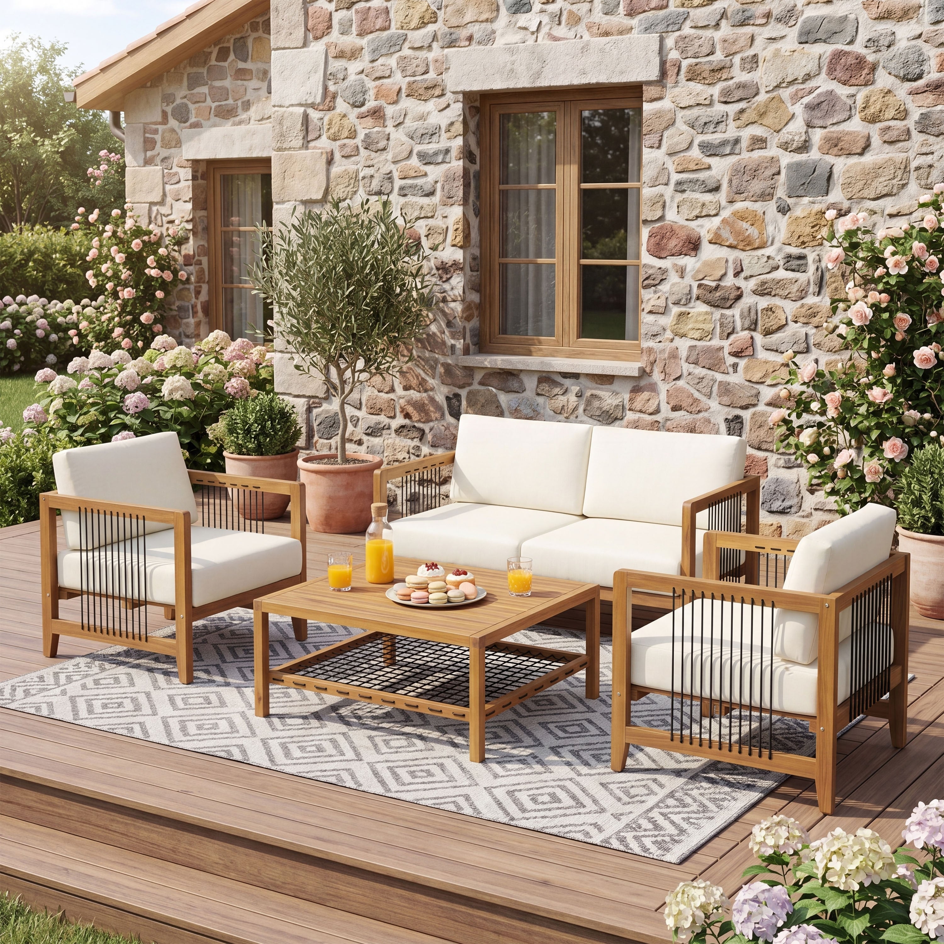 Christopher Knight Home Carter 4 Piece Outdoor Sofa Set Acacia Wood Rope Accent Patio Conversation Set With Cushions