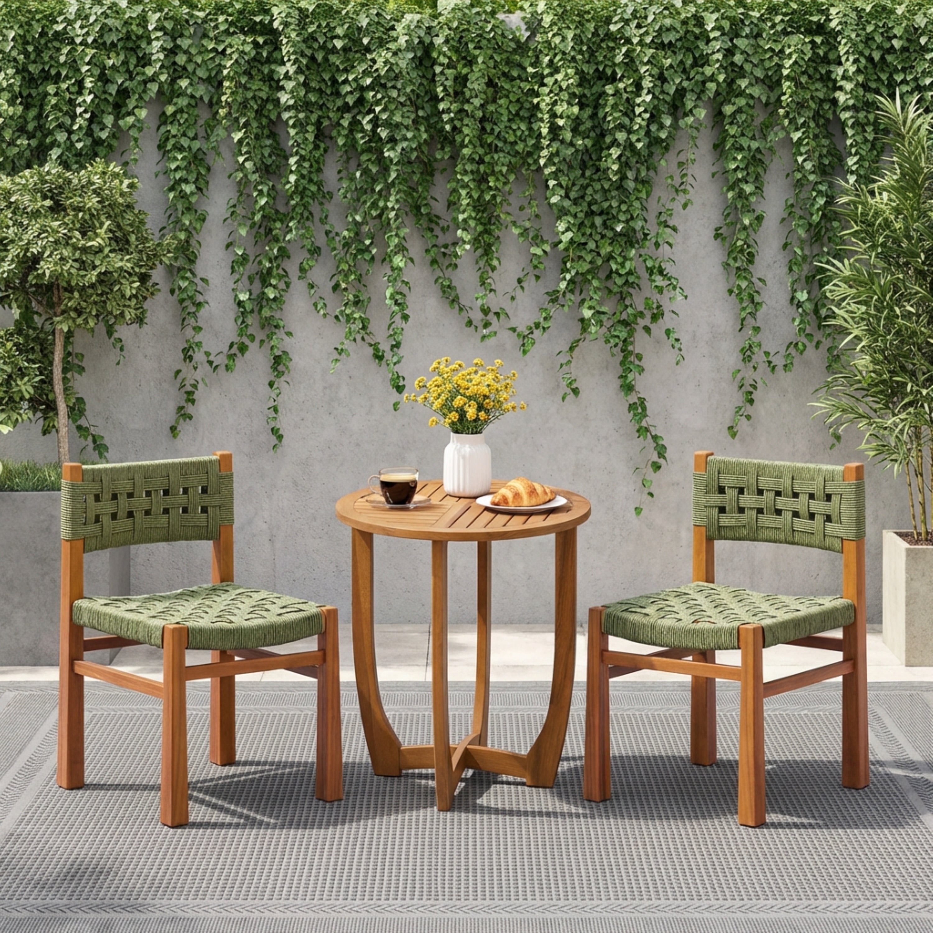 Christopher Knight Home Carys 3 Piece Outdoor Acacia Wood Dining Set With Wicker Woven Back Chairs 27.5 Round Slat Table