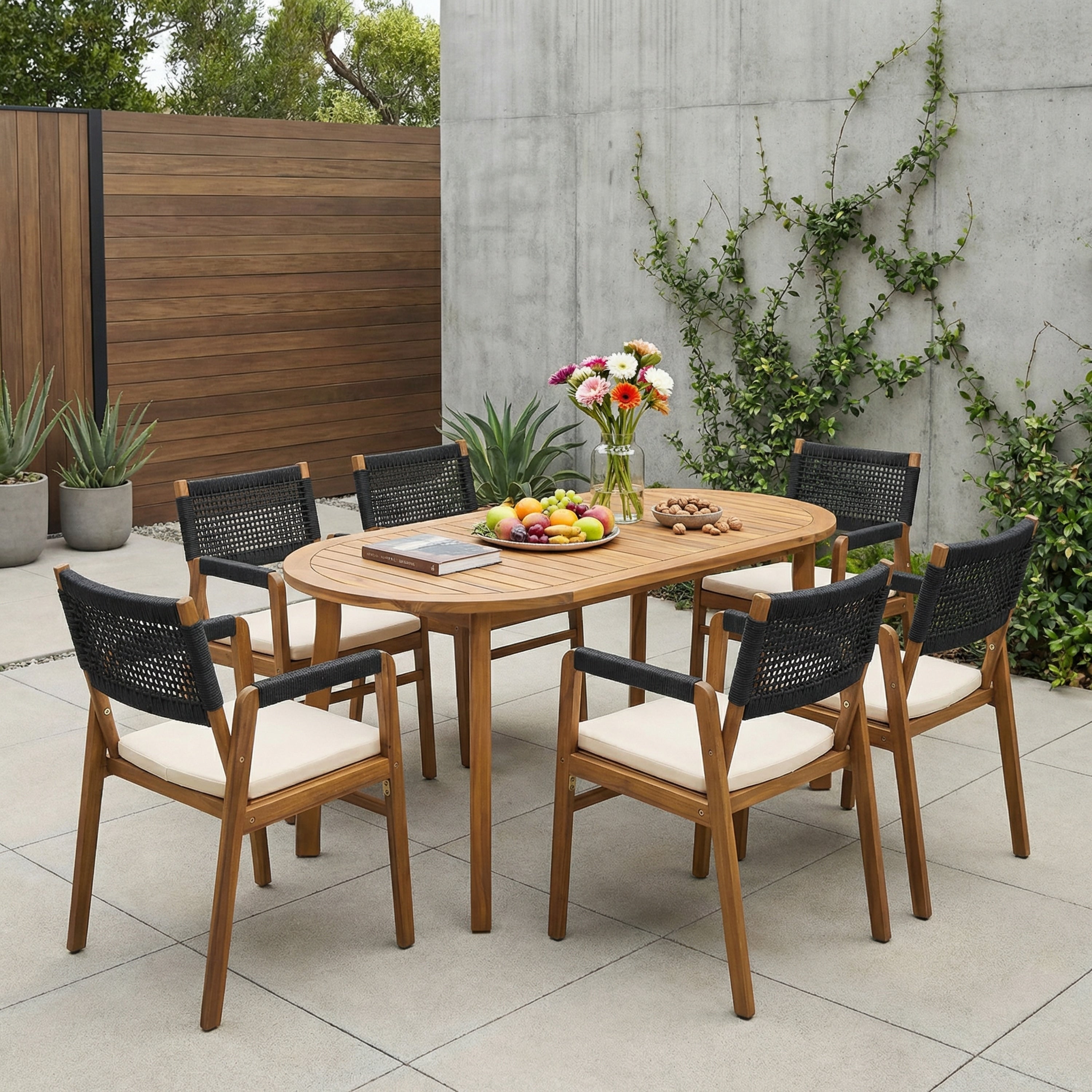 Christopher Knight Home Cascade 7 Piece Acacia Wood Outdoor Dining Set With Rope Armchairs 70 Oval Dining Table