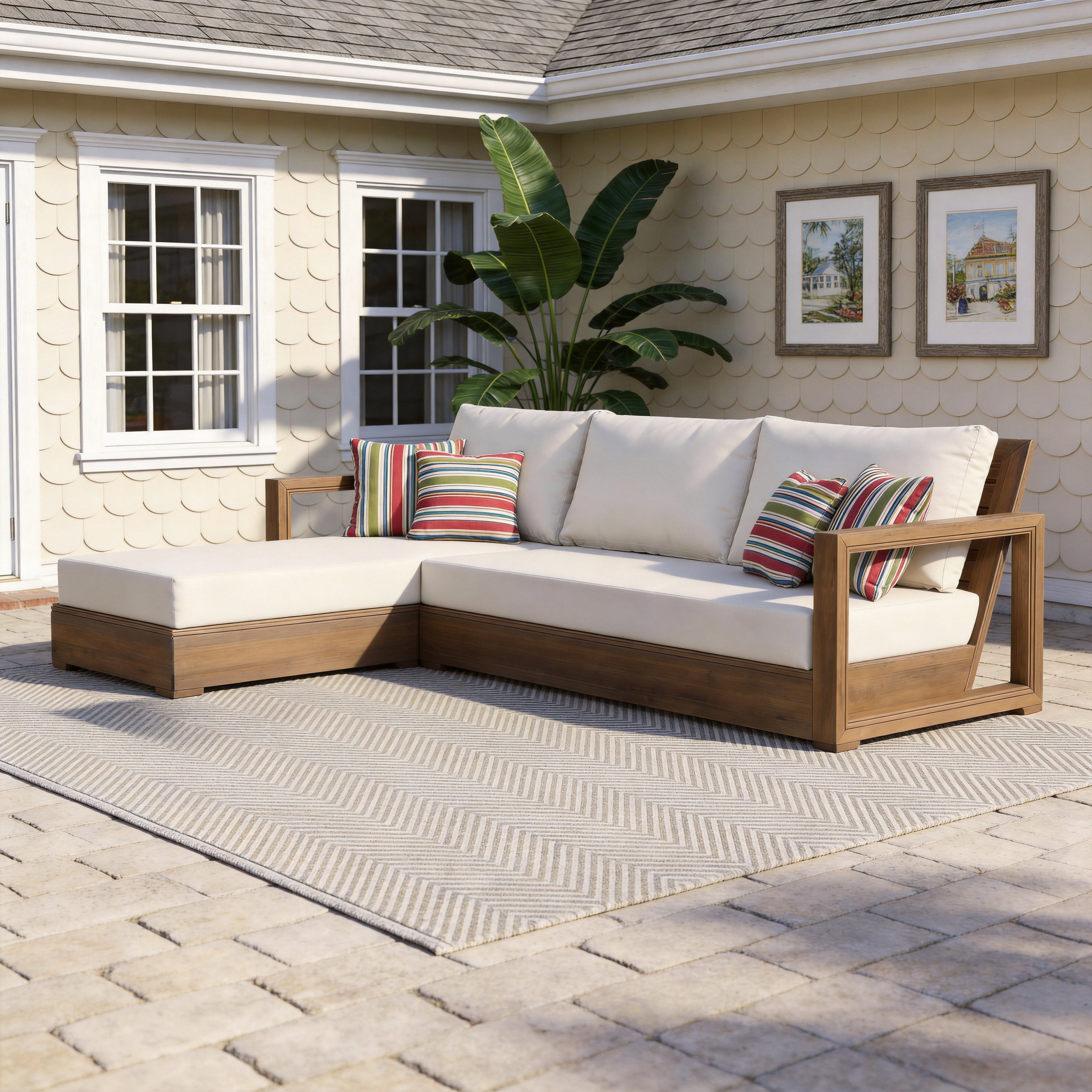 Christopher Knight Home Celine Outdoor 2 Piece Seactional Sofa Set Acacia Wood Frame With Removable Cushions 2 Piece Set