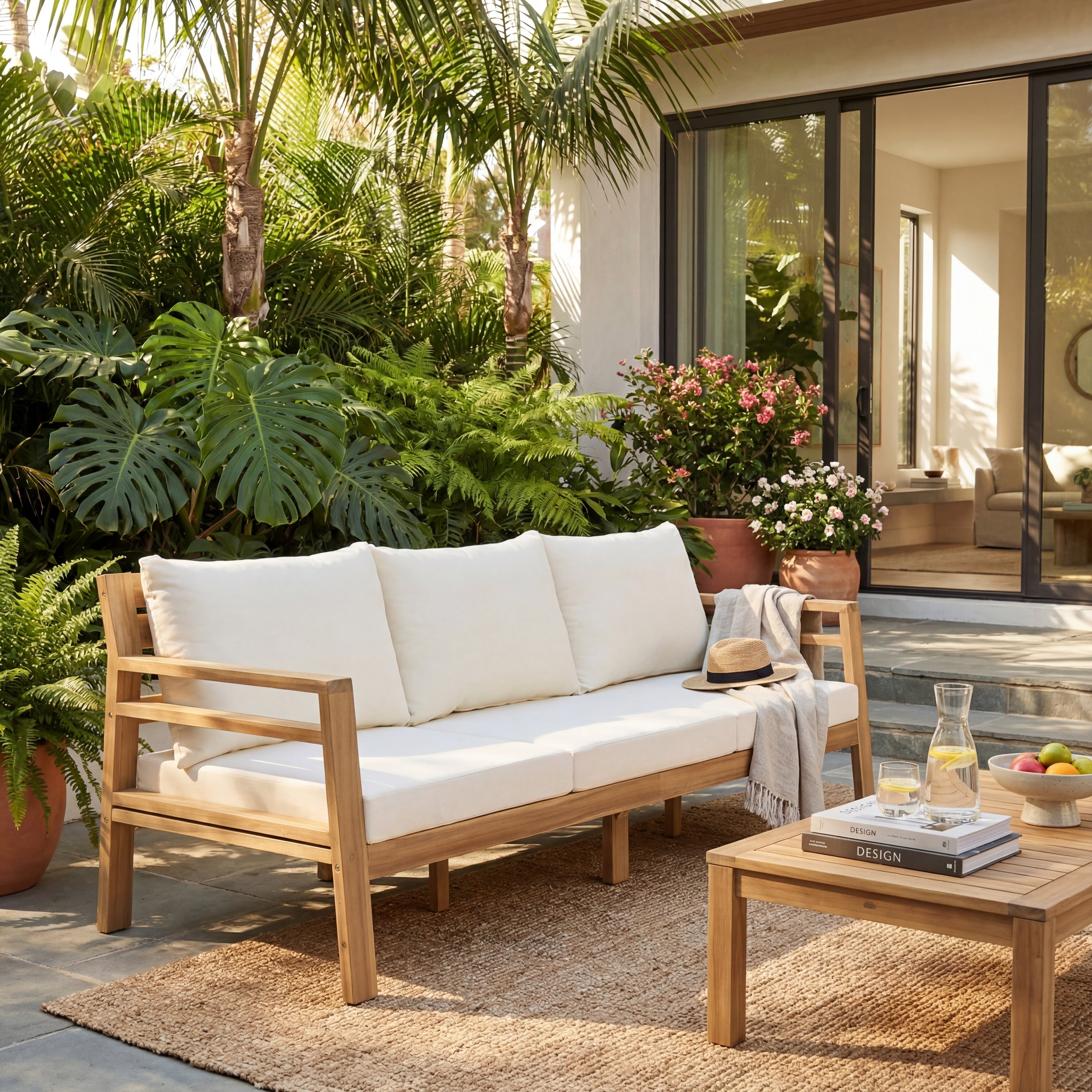 Christopher Knight Home Classic 76 W Outdoor Solid Wood 3 Seater Sofa With Curved Backrest And Water Resistant Cushions