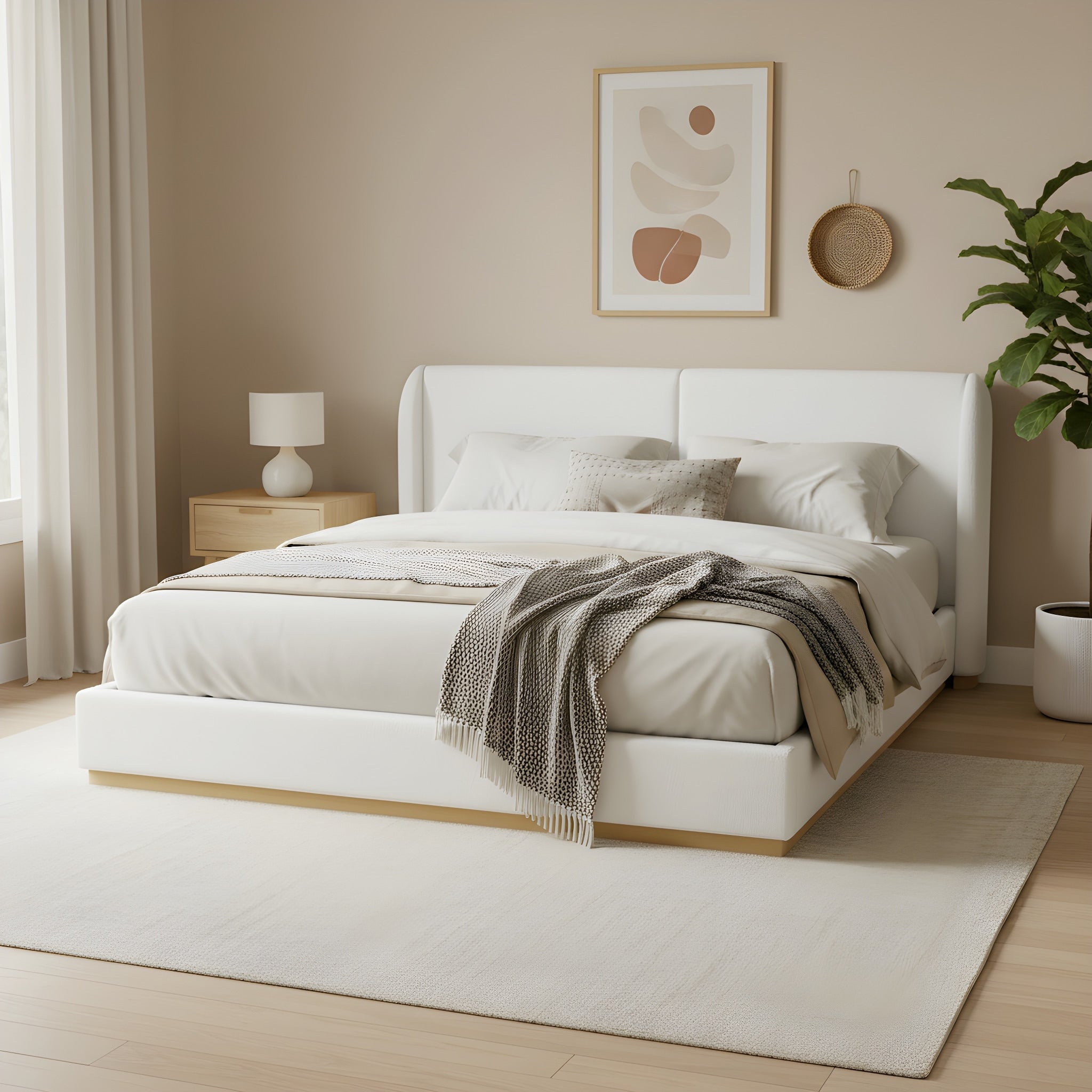 Christopher Knight Home Contemporary Boucle Upholstered Sculpted Wingback Bed Frame Enclosed Wood Base Curved Headboard