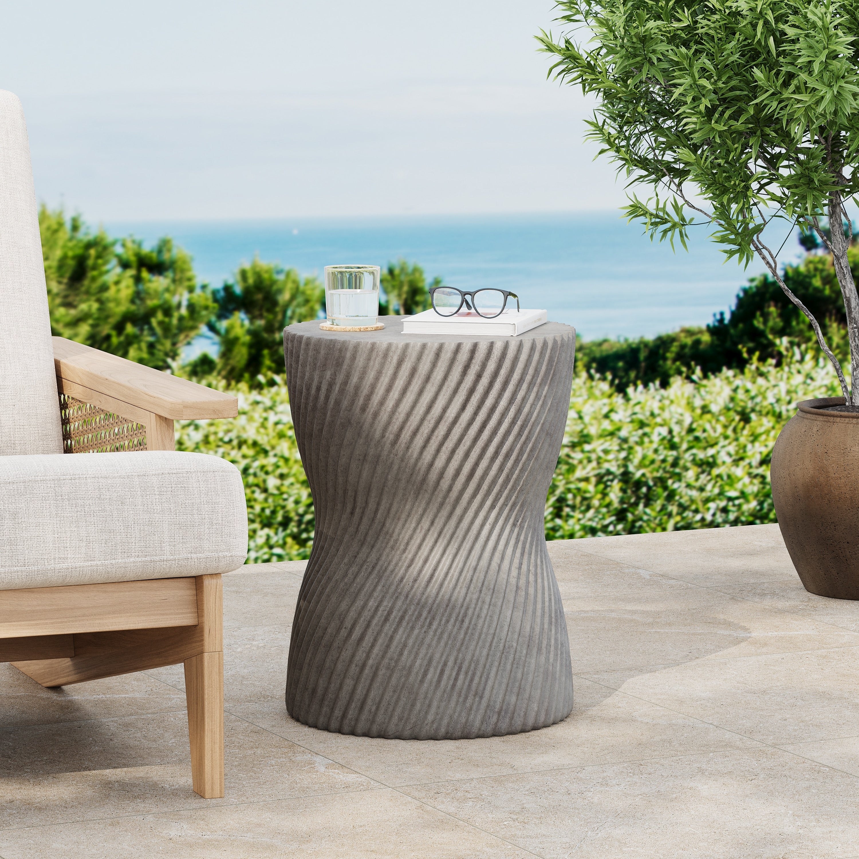 Christopher Knight Home 13.75 Contemporary Mgo Concrete Accent Side Table Spiral Hourglass Design Grey