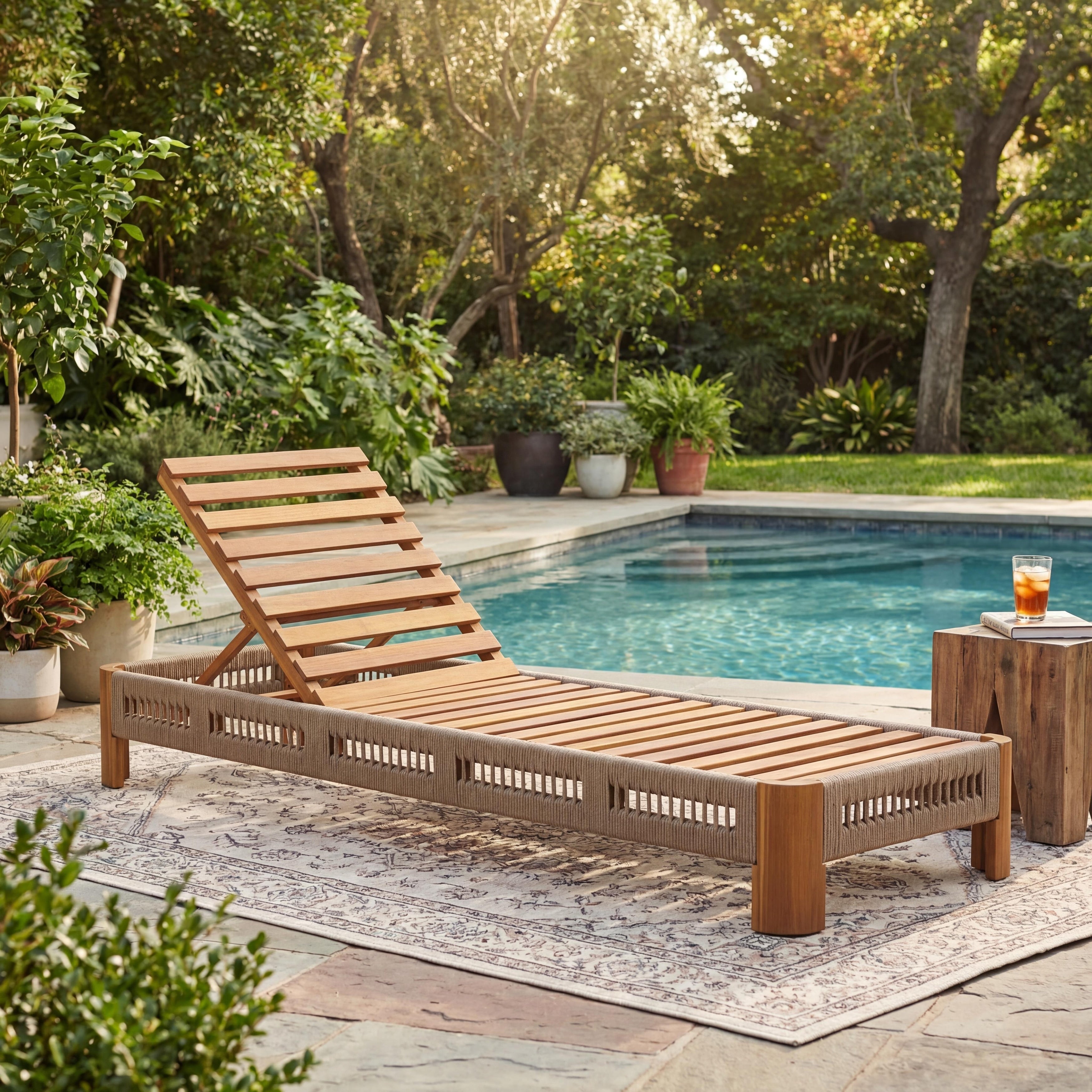Christopher Knight Home Delacroix Acacia Wood Outdoor Chaise Lounge With With Adjustable Backrest Handwoven Rope Accents