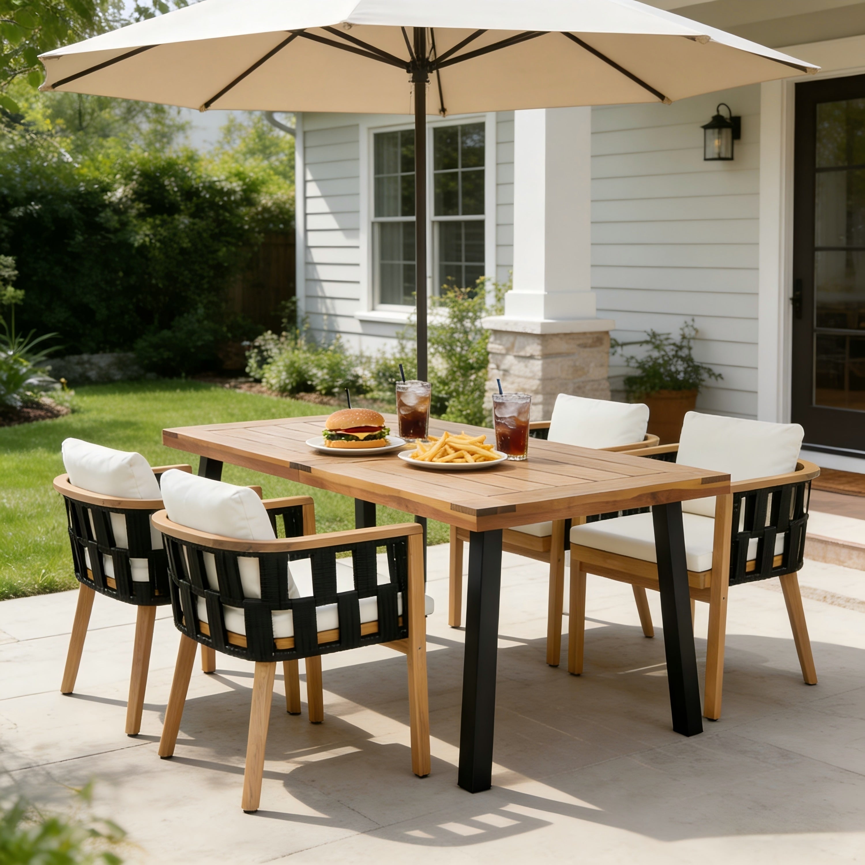 Christopher Knight Home Della Modern Coastal Outdoor Indoor Acacia Wood And Rope Dining Set With Cushions Flat Rope