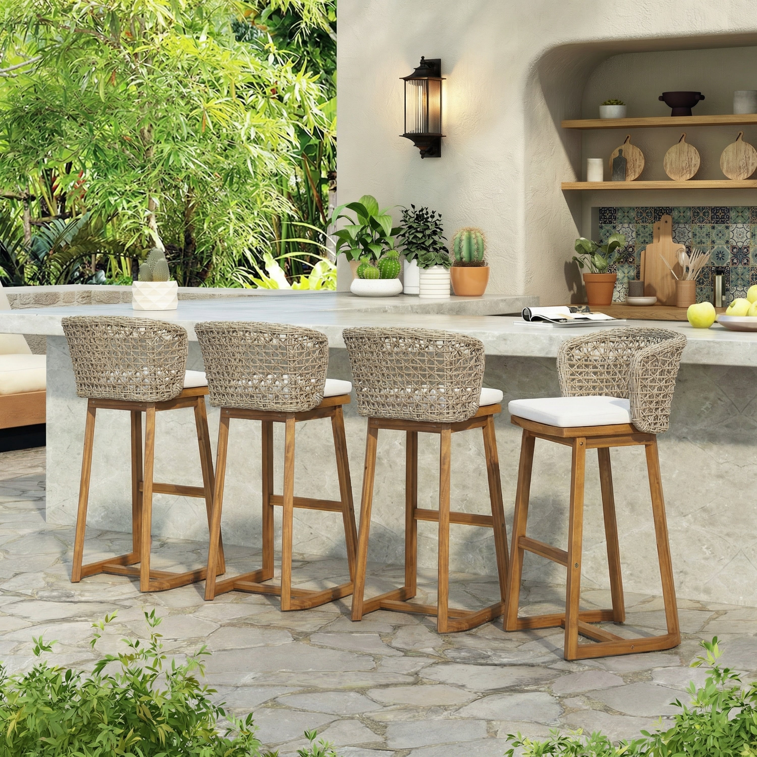 Christopher Knight Home Dome Outdoor Acacia Wood Bar Stools With Wicker Back And Cushions Set Of 4