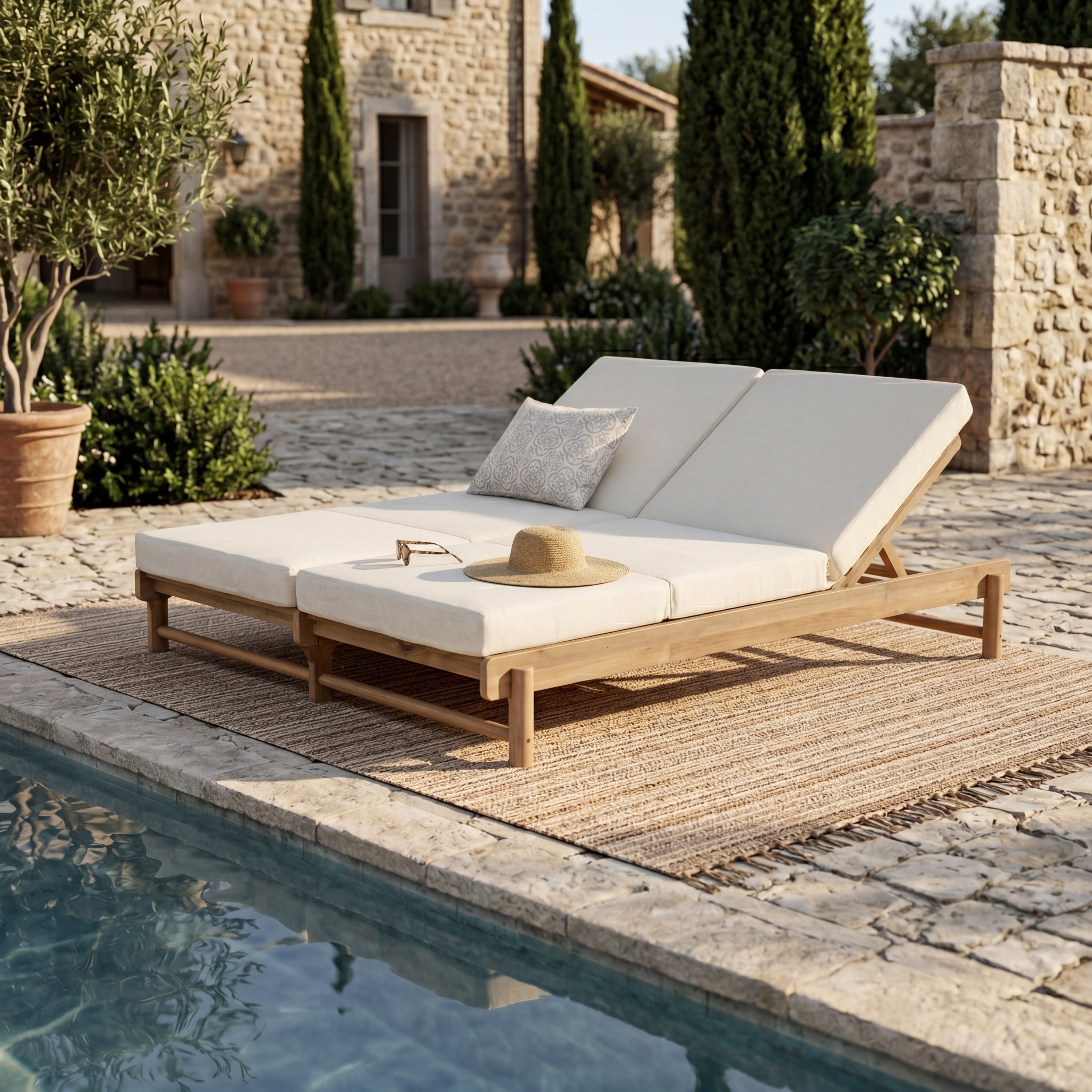 Christopher Knight Home Double Outdoor Chaise Lounge Solid Acacia Wood With Adjustable Backrests And Removable Cushions