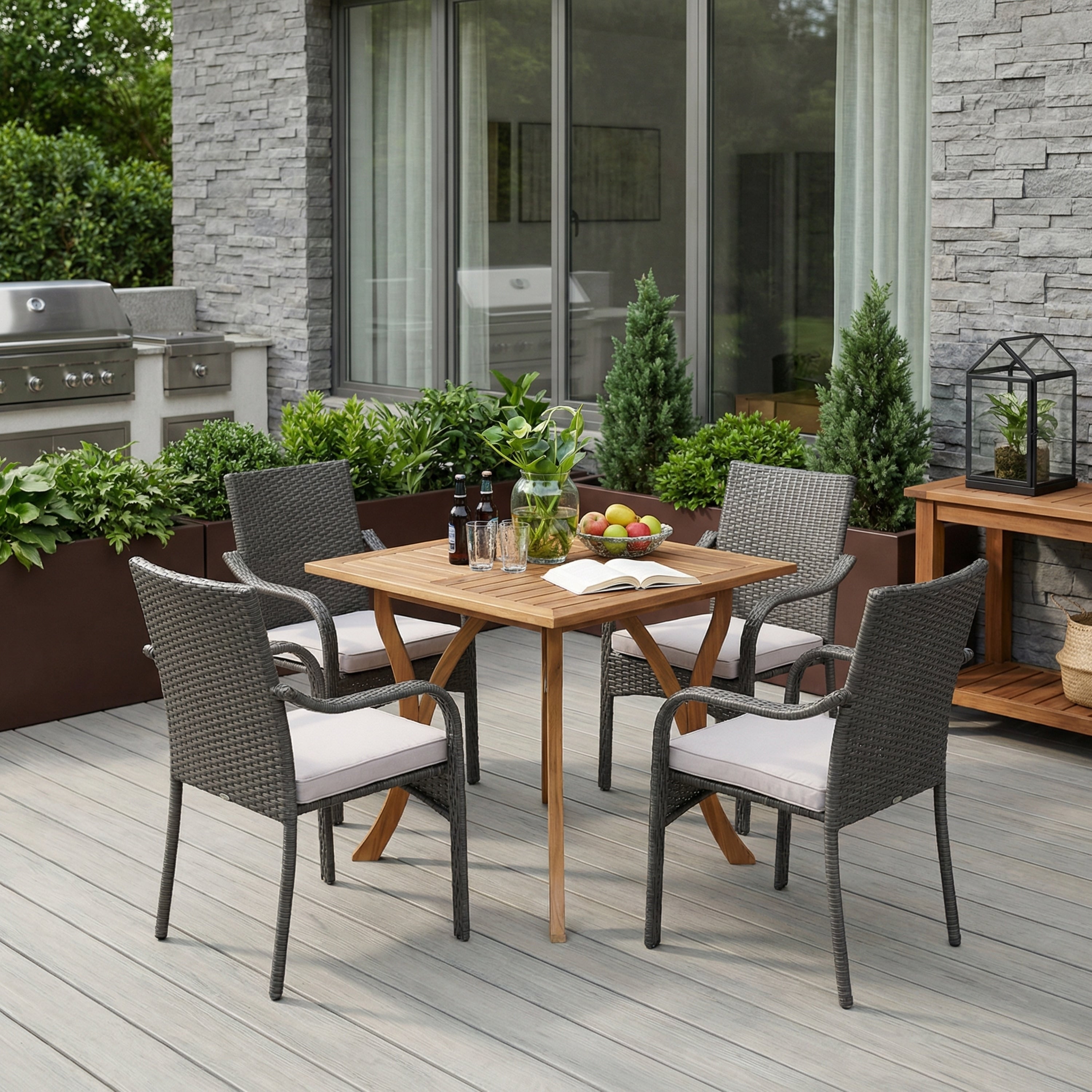 Christopher Knight Home Driftwood Outdoor Acacia Wood 5 Piece Dining Set With Wicker Chairs And Cushions