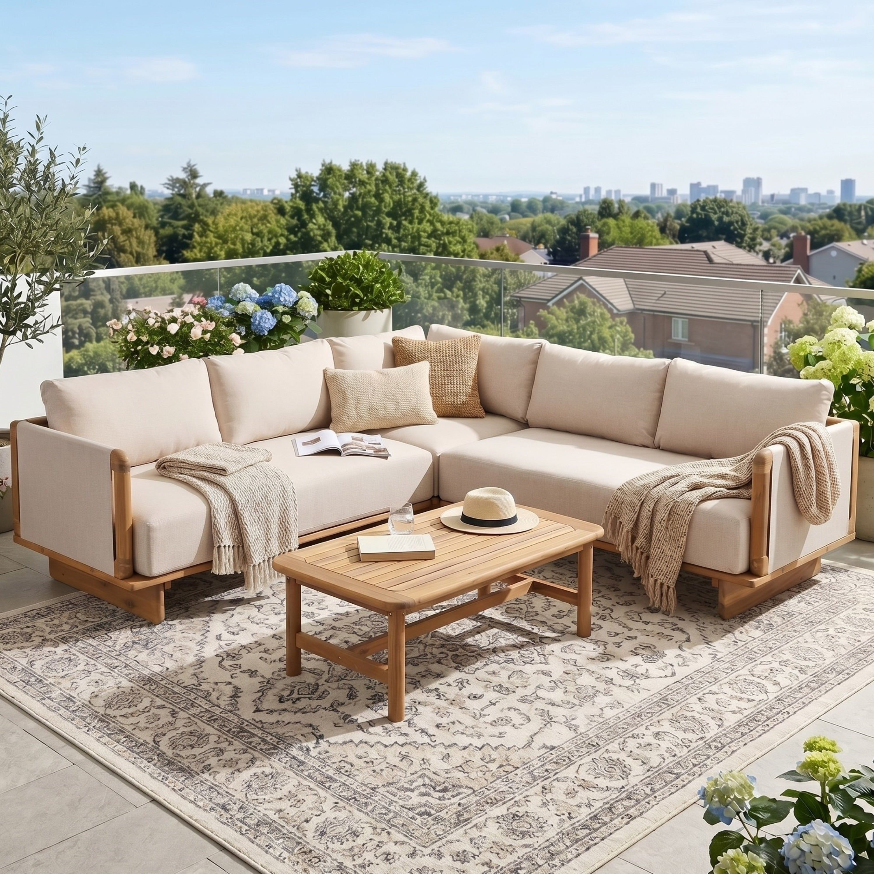 Christopher Knight Home Dunley Outdoor V Shape Sectional Sofa Set Acacia Wood With Cushions And Coffee Table 4 Piece