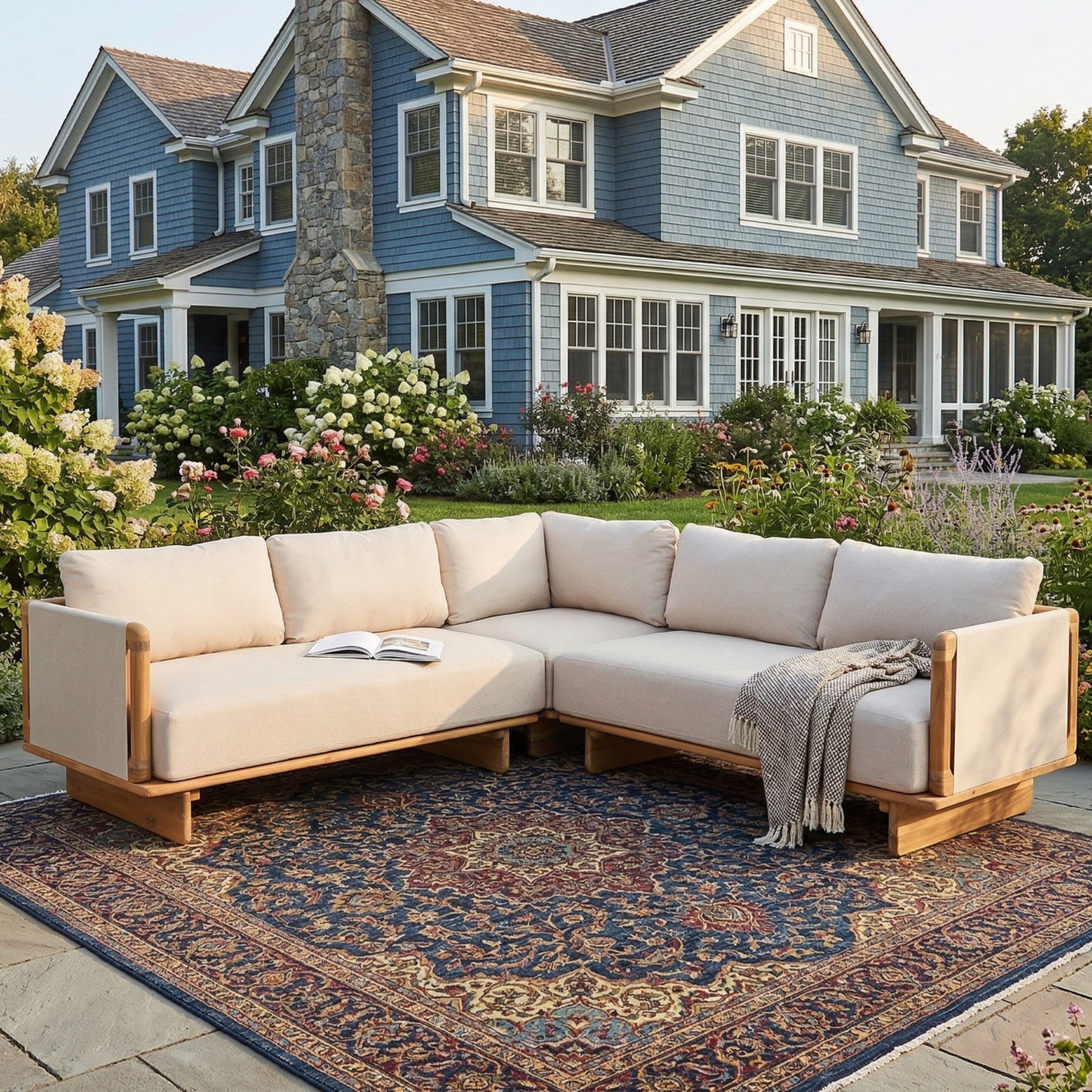 Christopher Knight Home Dunley Outdoor V Shape Sectional Sofa Acacia Wood Frame With Cushions 3 Piece