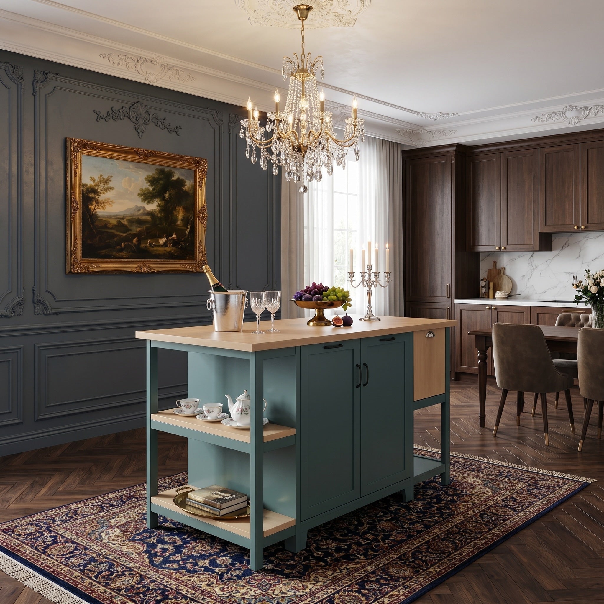 Christopher Knight Home Elara Farmhouse Kitchen Island Soft Close Storage Drawers Cabinets Open Shelves 57.8W