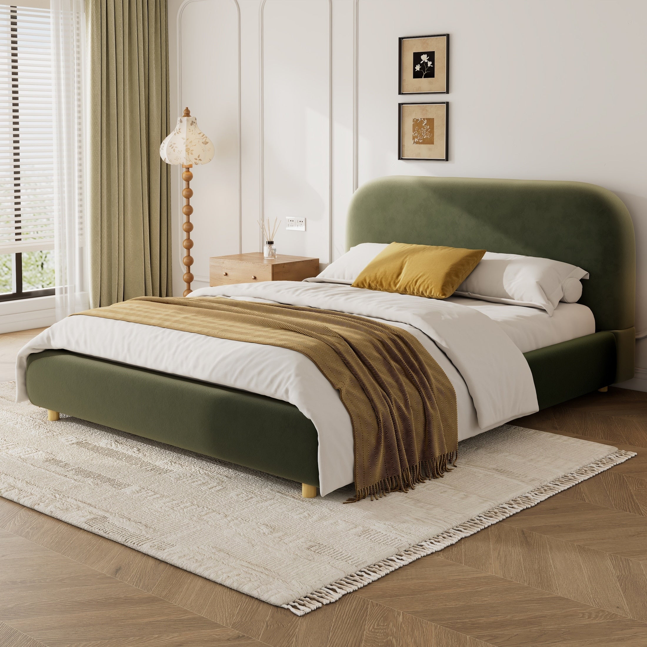 Christopher Knight Home Eleanor Boucle Fabric Upholstered Platform Bed With Curve Shaped Design