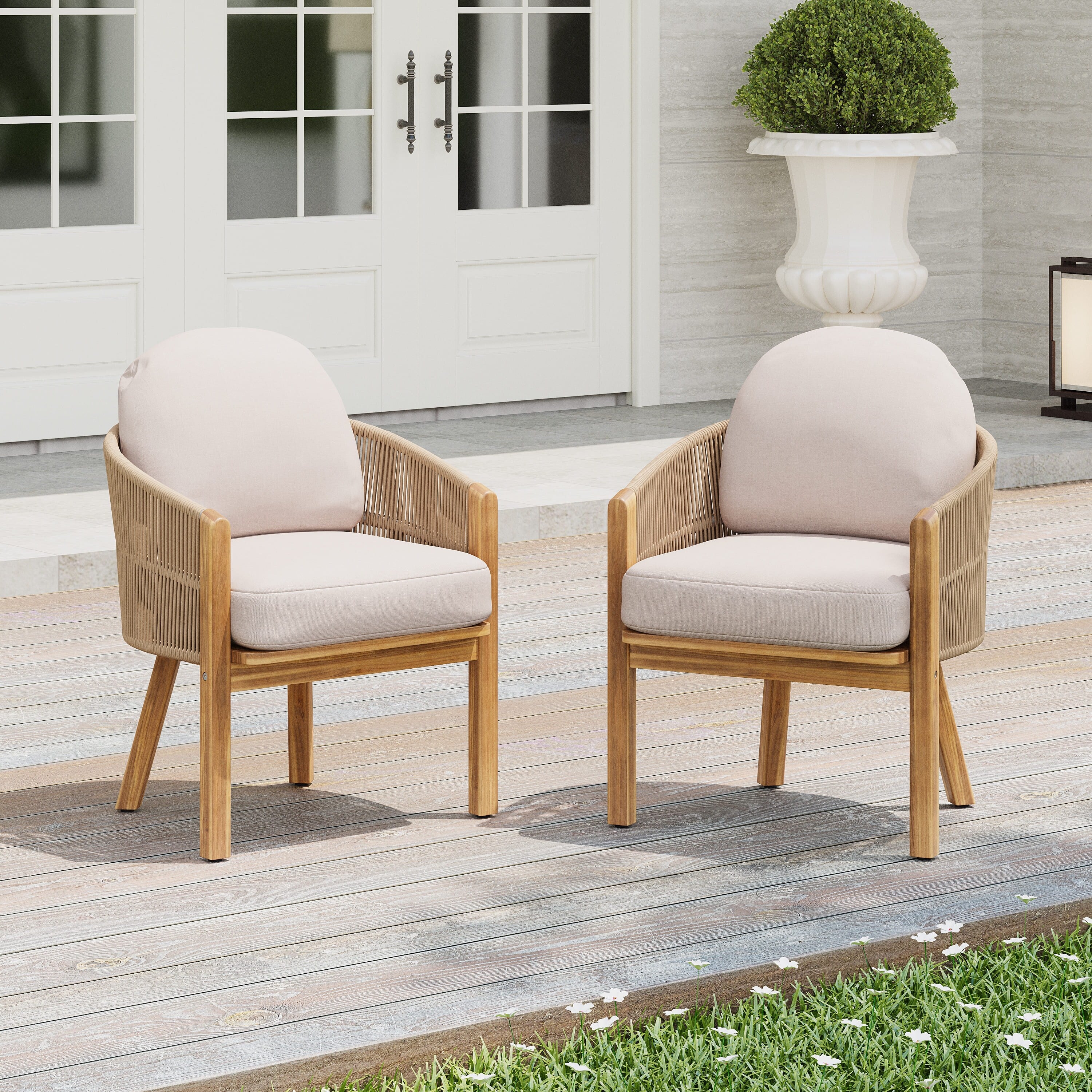 Christopher Knight Home Eleanor Outdoor Acacia Wood And Rope Dining Chair With Curved Back And Removable Cushions Set Of 2