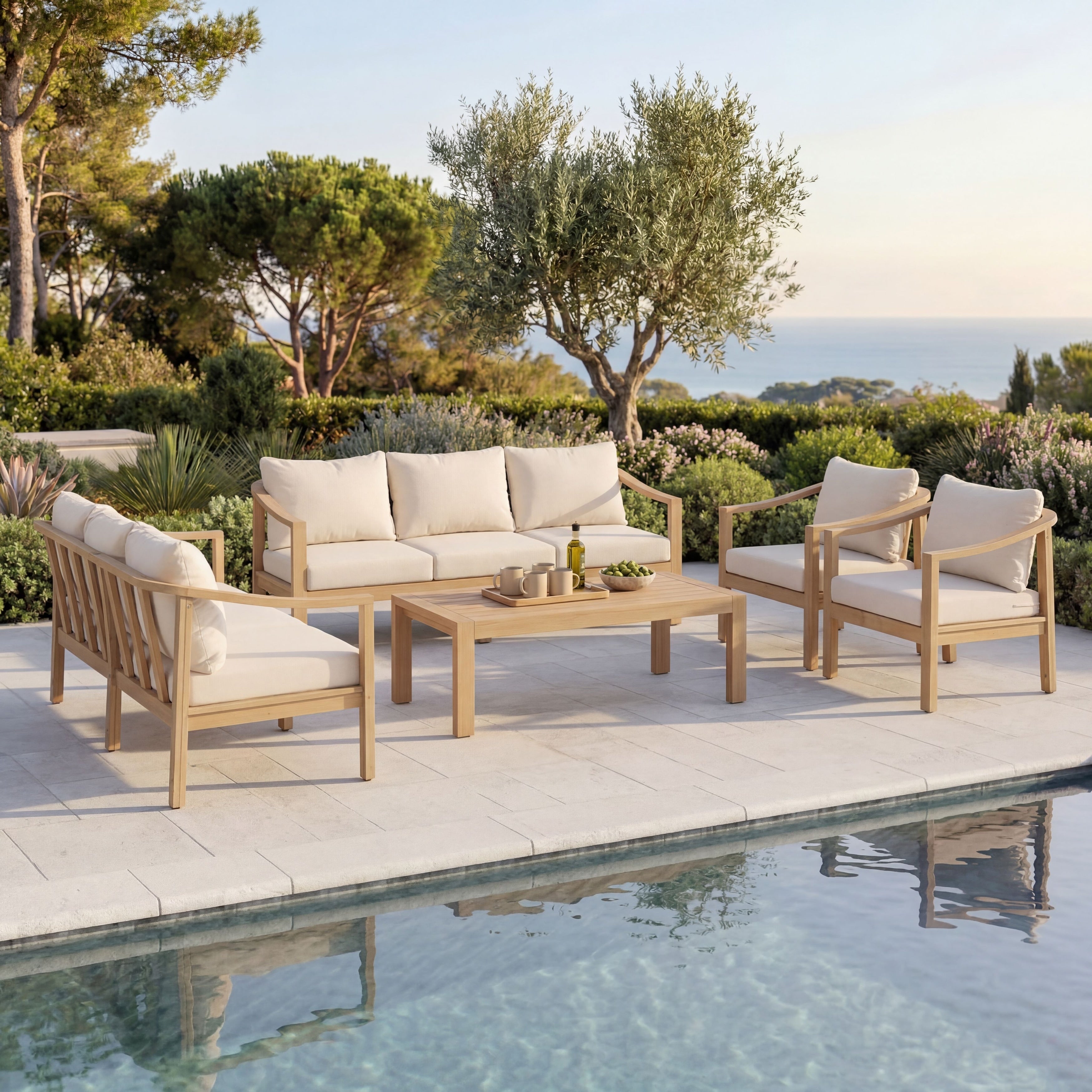 Christopher Knight Home Elva 5 Piece Outdoor Acacia Wood Patio Conversation Set With Slatted Coffee Table Cushions