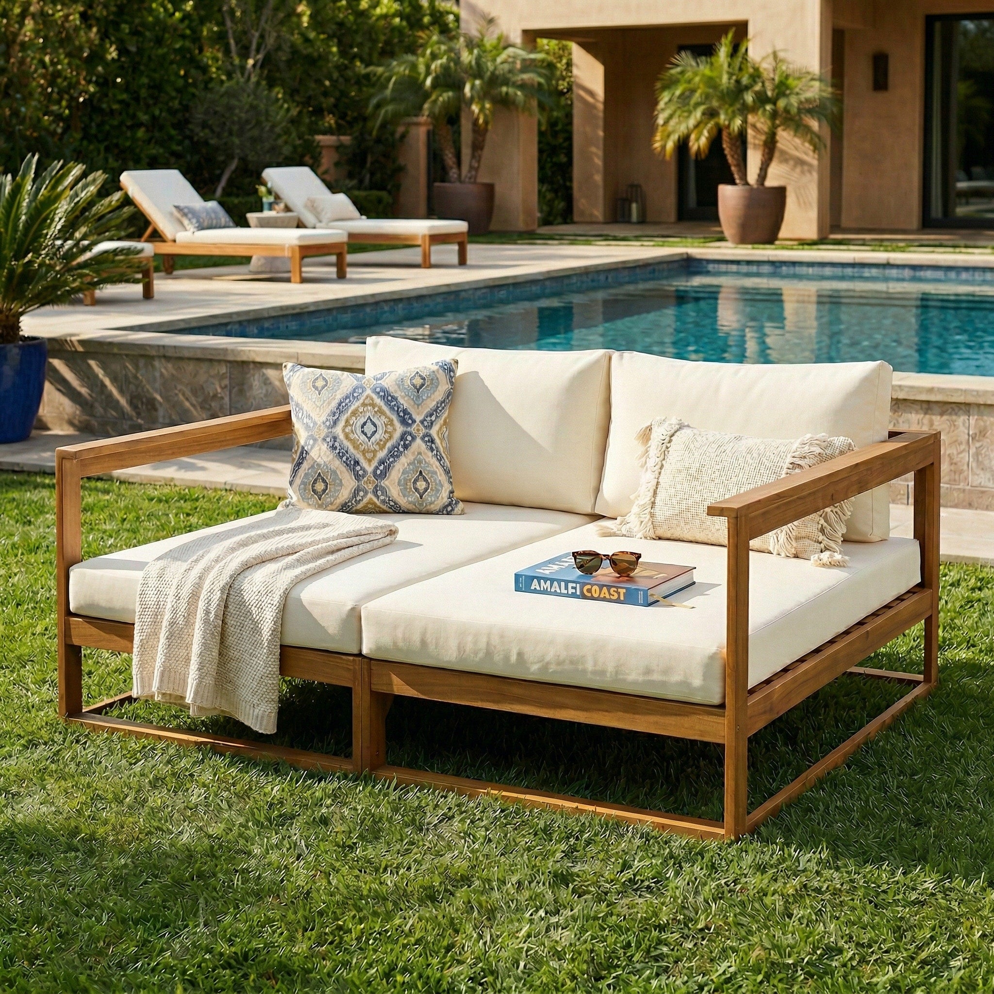 Christopher Knight Home Emory Outdoor Double Daybed Acacia Wood Frame With Water Resistant Removable Cushions
