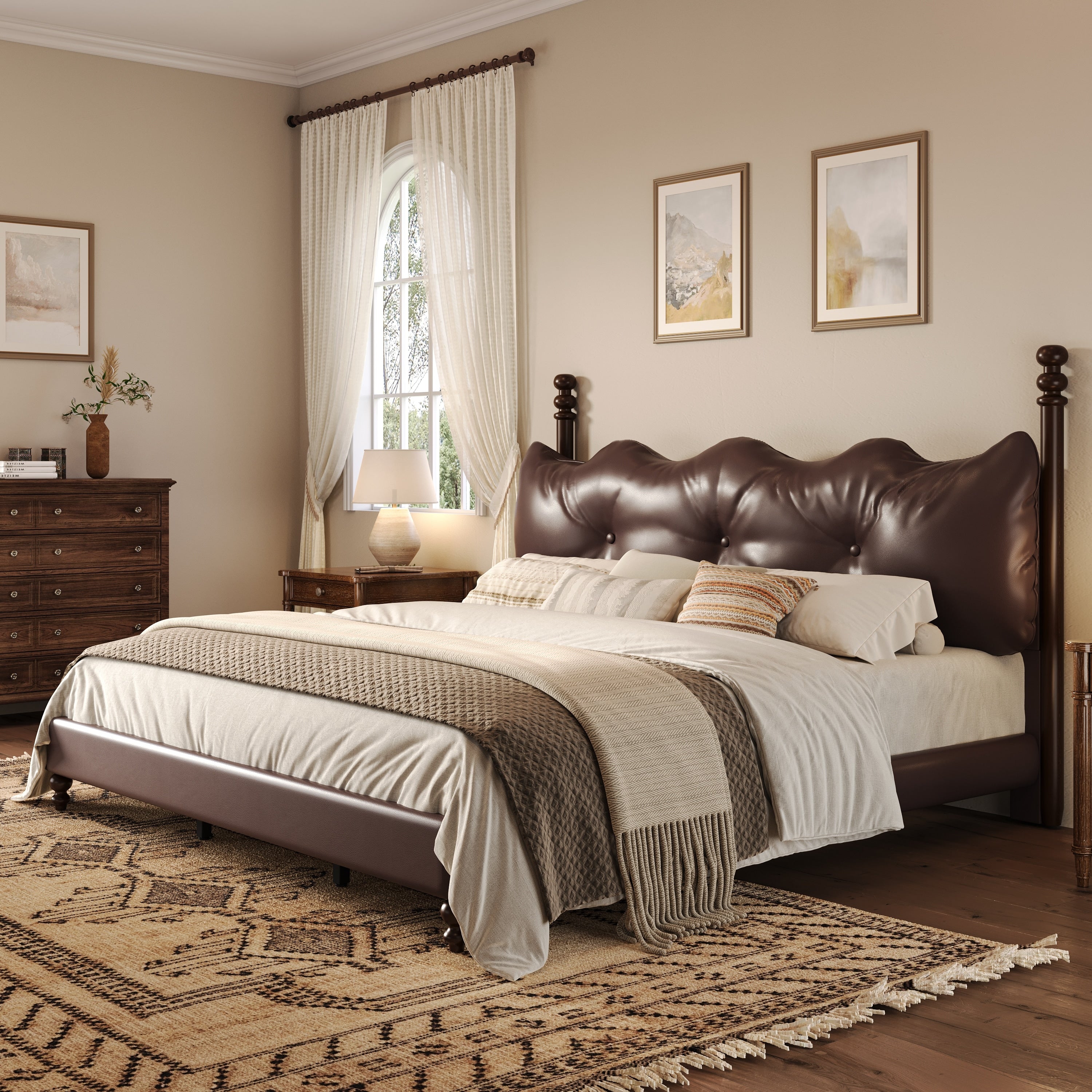 Christopher Knight Home Eno Modern Pu Leather Upholstered Platform Bed Frame With Wood Bedposts No Box Spring Needed