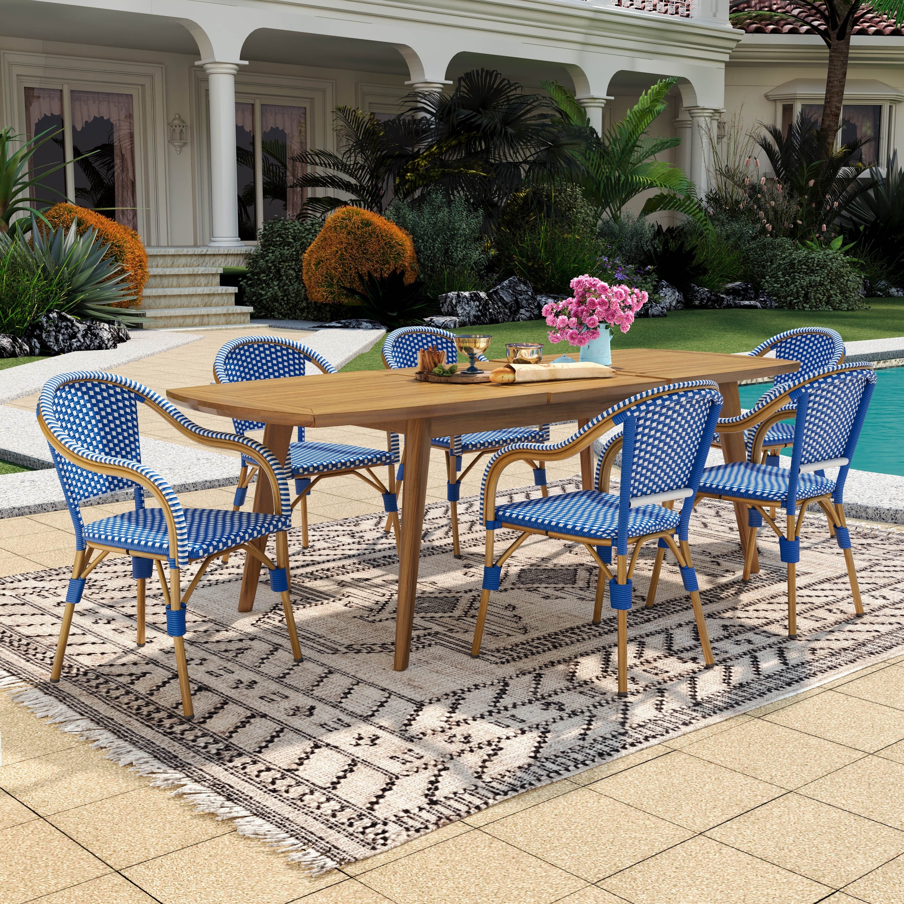 Christopher Knight Home Estra 7 Piece Outdoor Dining Set With Six Woven Metal Frame Chairs And Expandable Acacia Wood Table