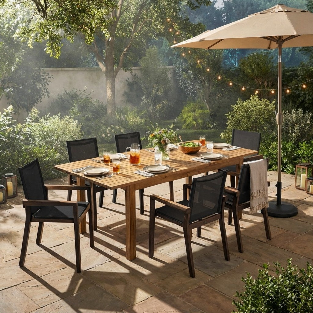 Christopher Knight Home Farmhouse 7 Piece Extendable Acacia Wood Outdoor Dining Set With Slatted Table And Mesh Chairs