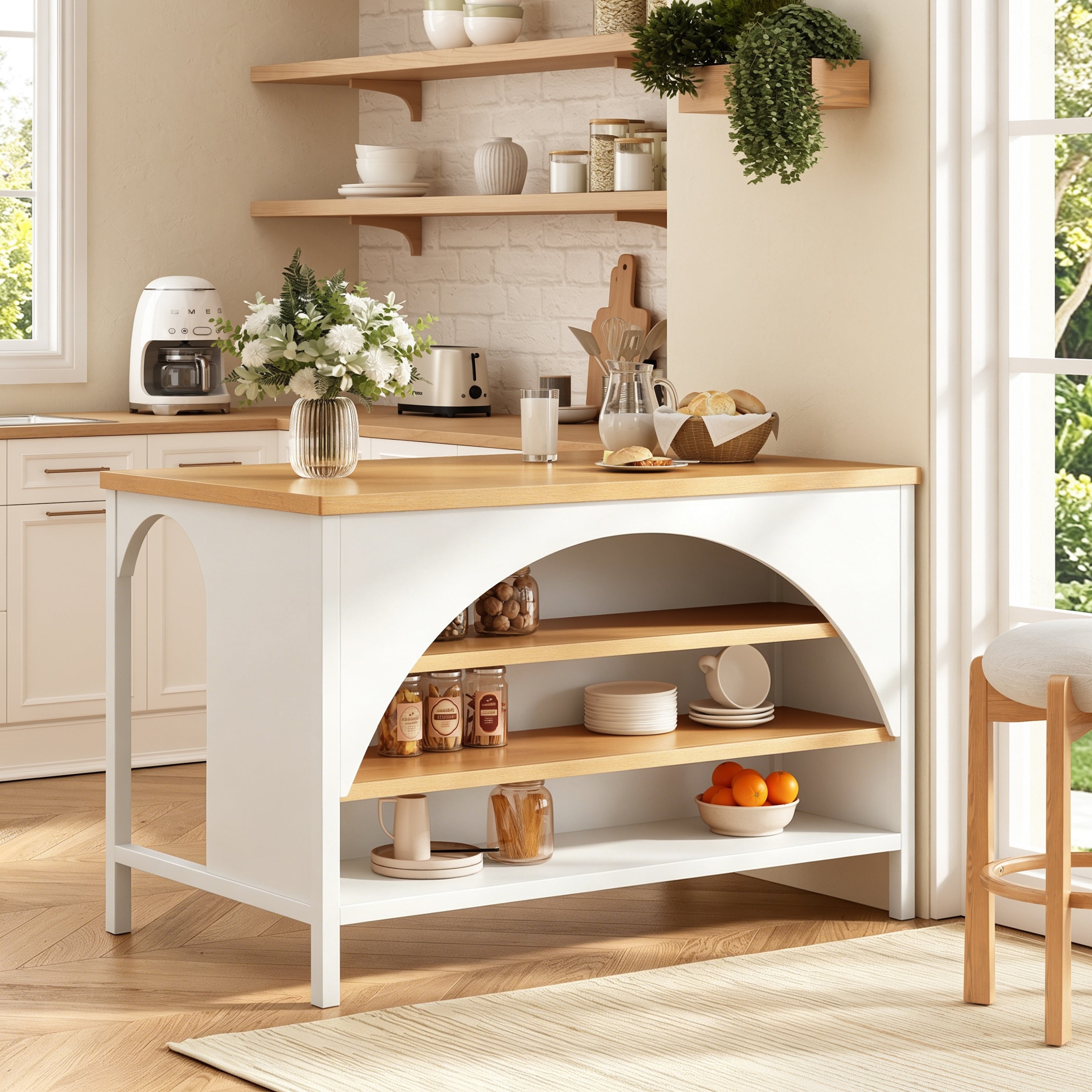 Christopher Knight Home Farmhouse Kitchen Island Rubber Wood With Open Storage Shelves