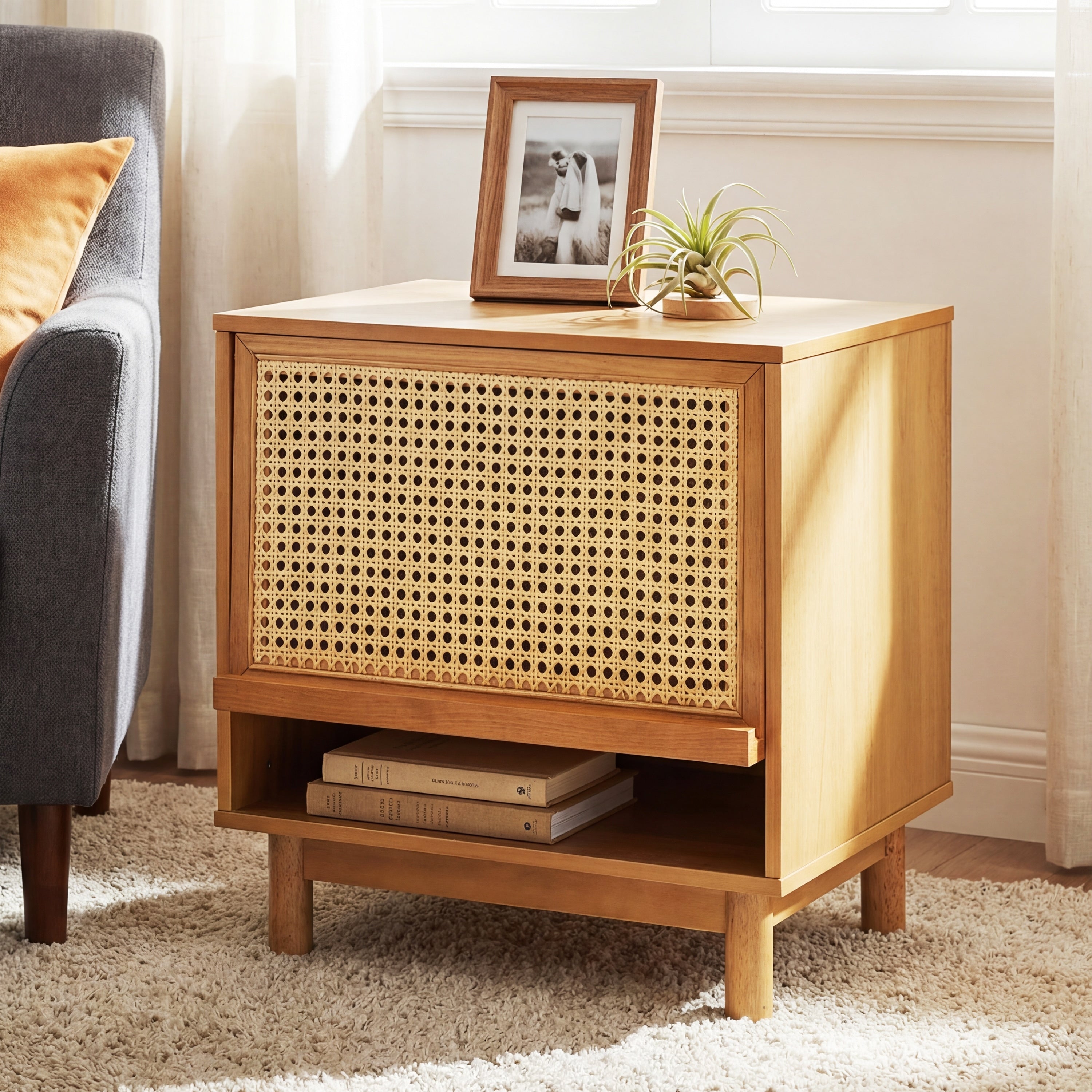 Christopher Knight Home Farmhouse Wooden Nightstand With Swing Up Rattan Door Storage Cabinet