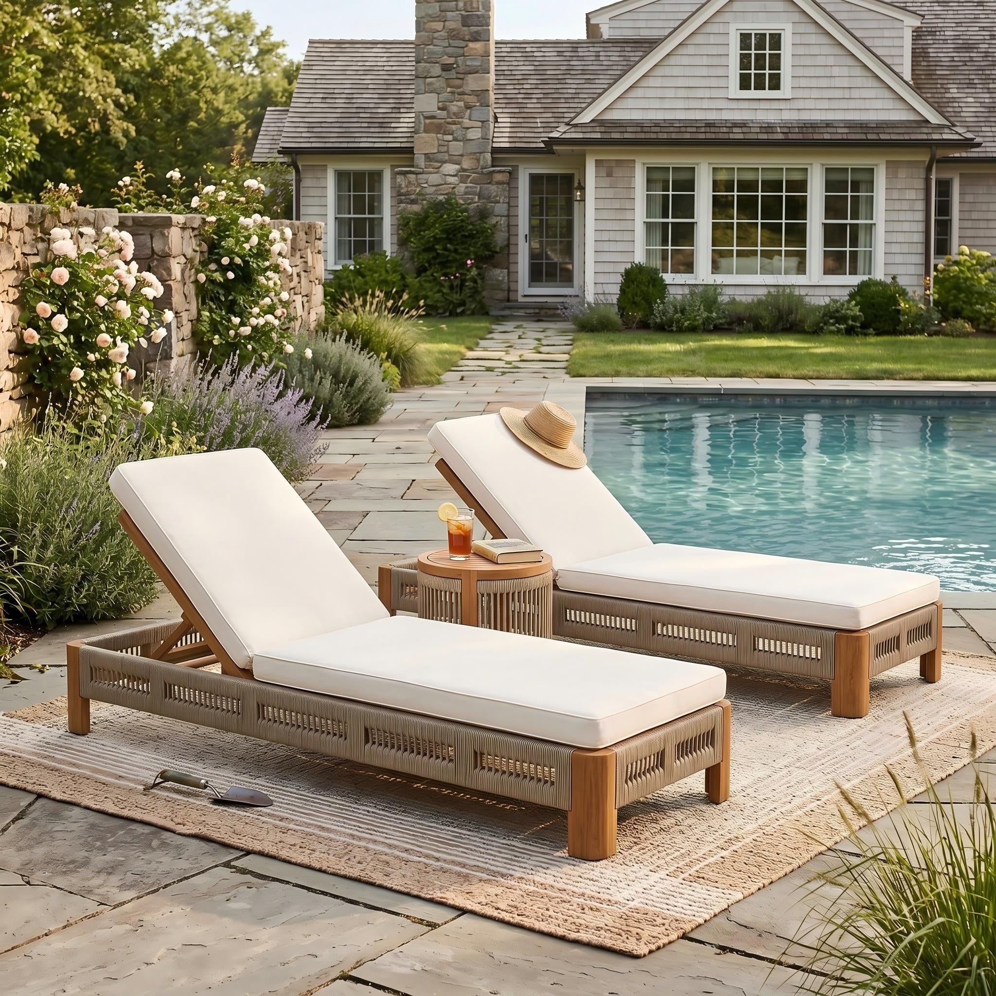 Christopher Knight Home Gedy Outdoor Chaise Lounge Set Adjustable Recling Backrest With Side Table Acacia Wood Frame
