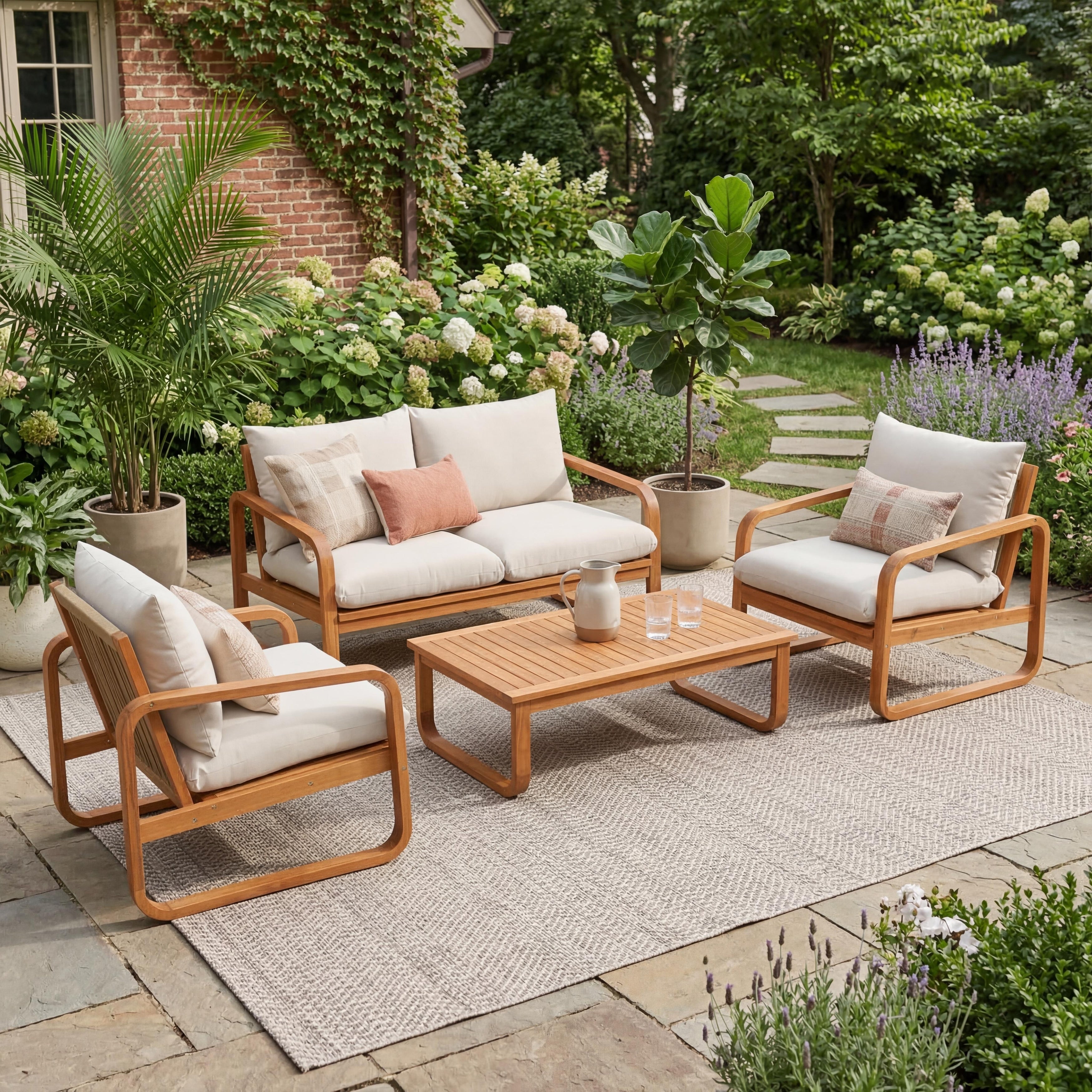 Christopher Knight Home George 4 Piece Outdoor Acacia Wood Conversation Set With Plush Thick Cushions Slatted Coffee Table
