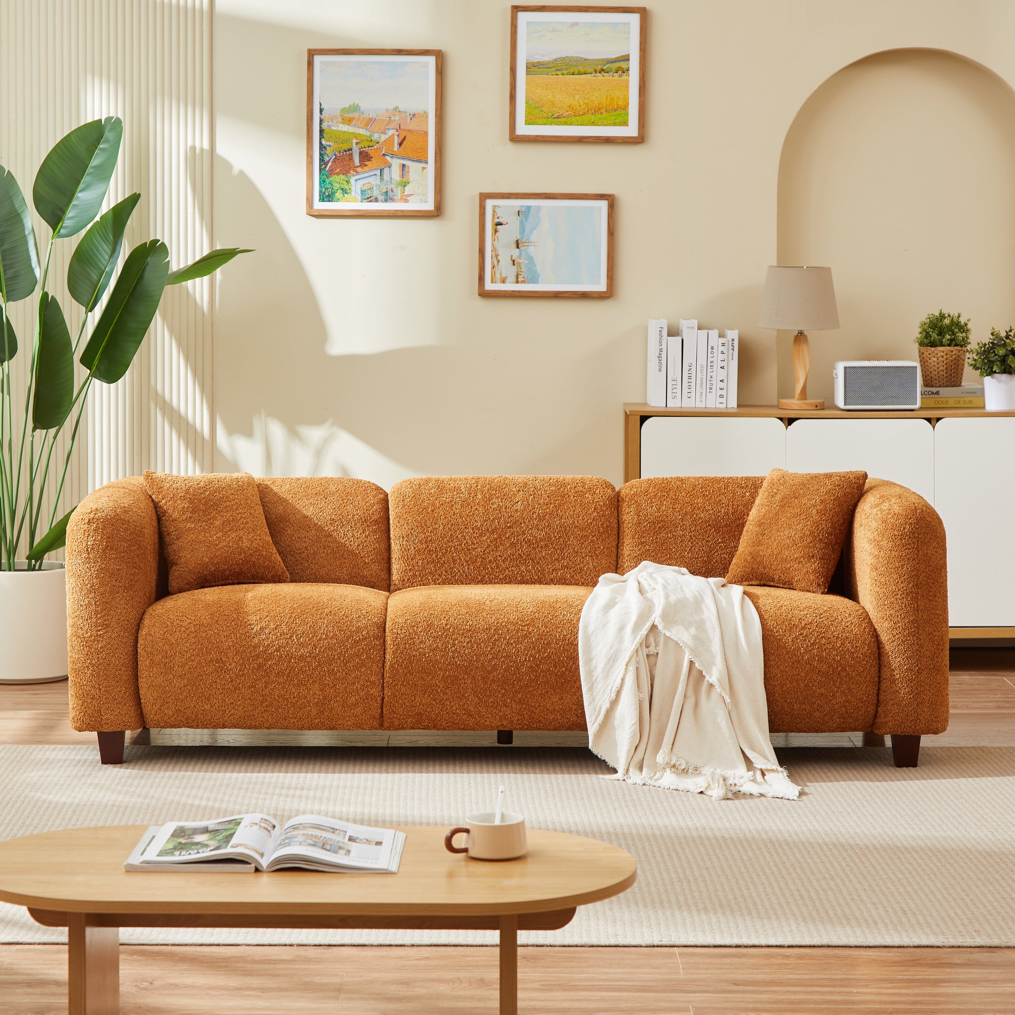 Christopher Knight Home Halston 3 Seater Sofa Boucle Upholstered Frame With With Rounded Arms And Deep Seating