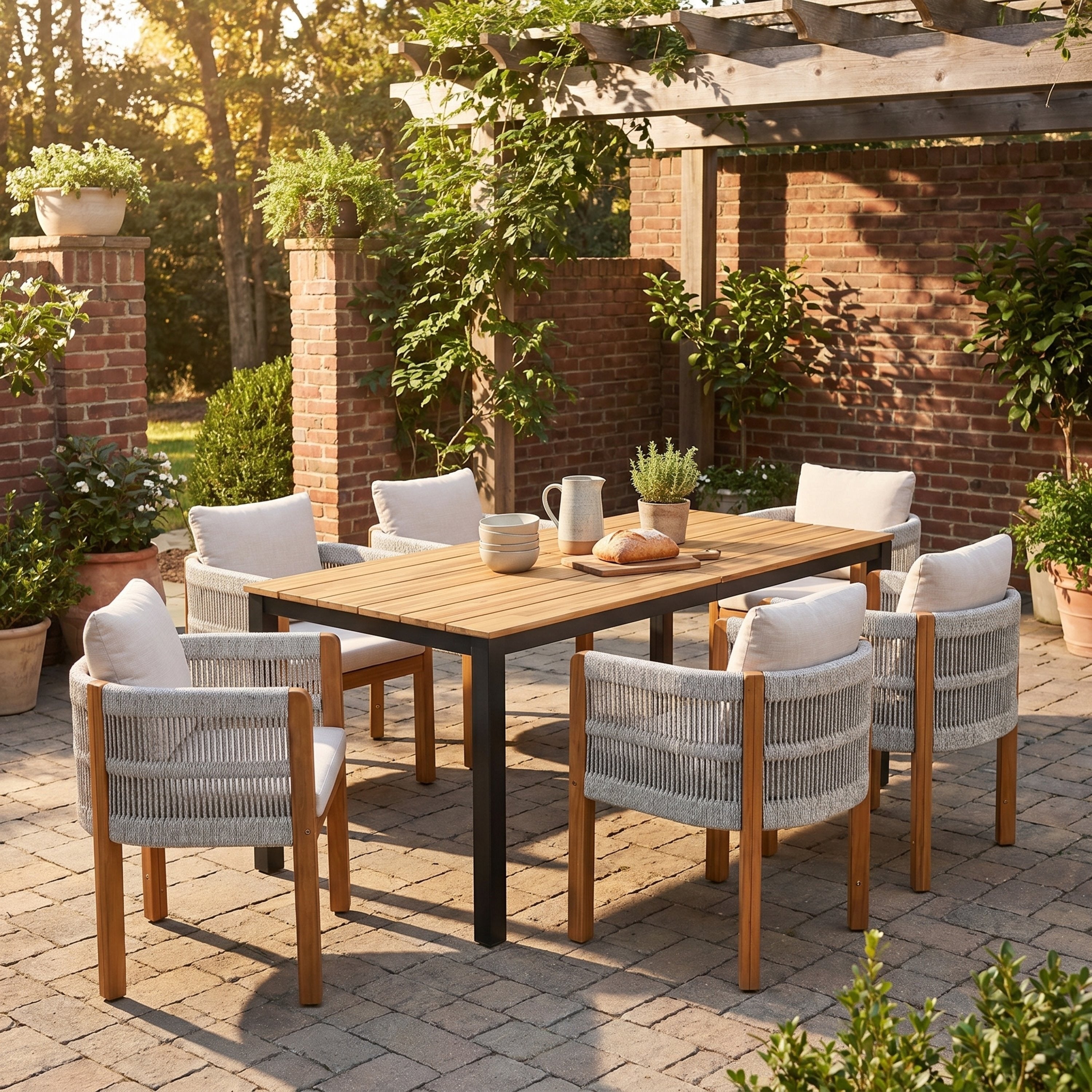 Christopher Knight Home Harbor 7 Piece Outdoor Dining Set In Teak Acacia Wood With Rope Woven Chairs And Beige Cushions
