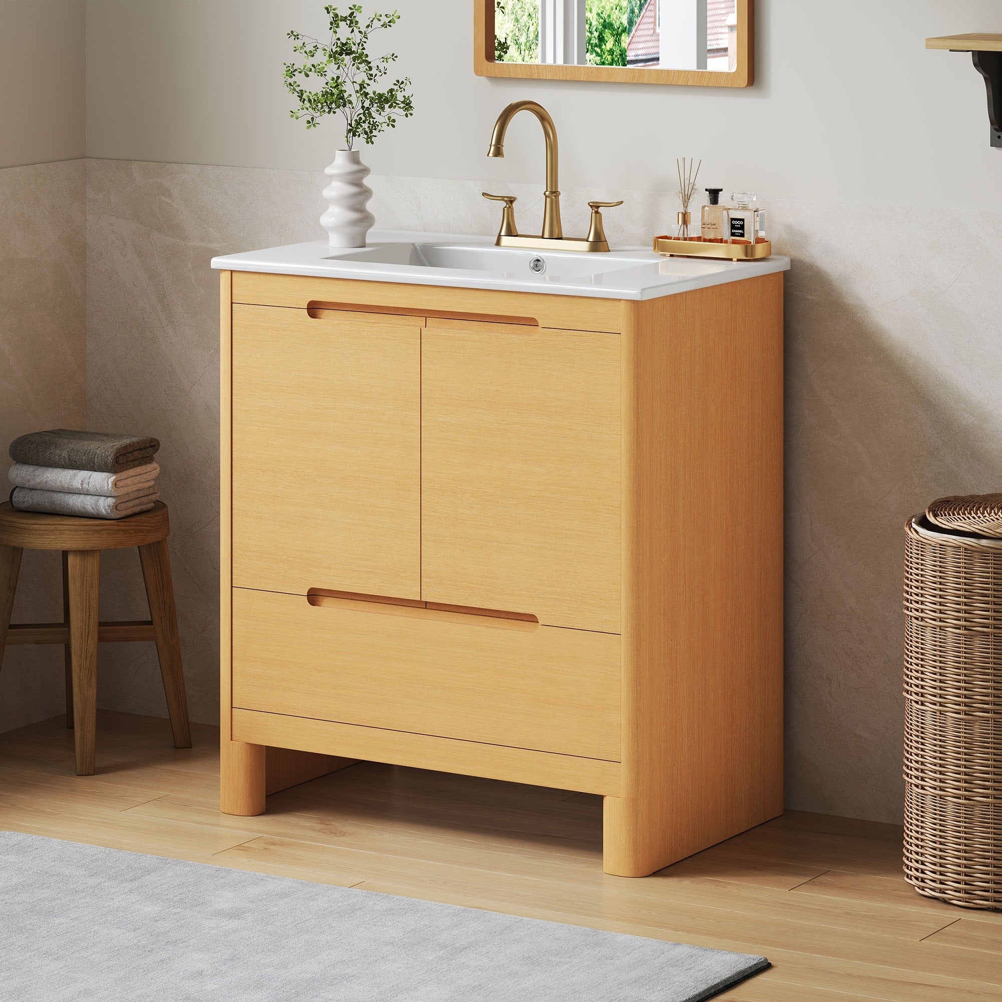 Christopher Knight Home Harlow Modern 30 Bathroom Vanity With Ceramic Sink Soft Close Doors Drawer Adjustable Shelf