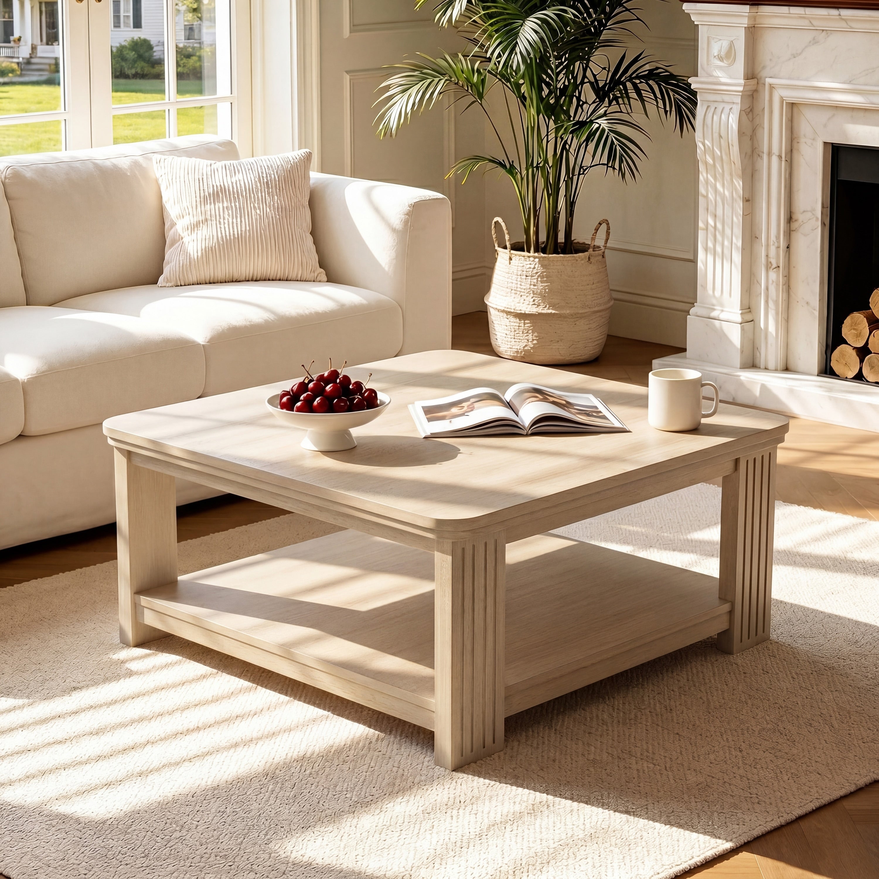 Christopher Knight Home Harlow Nordic Square Coffee Table With 2 Tier Open Storage Fluted Leg Design Safe Rounded Edges