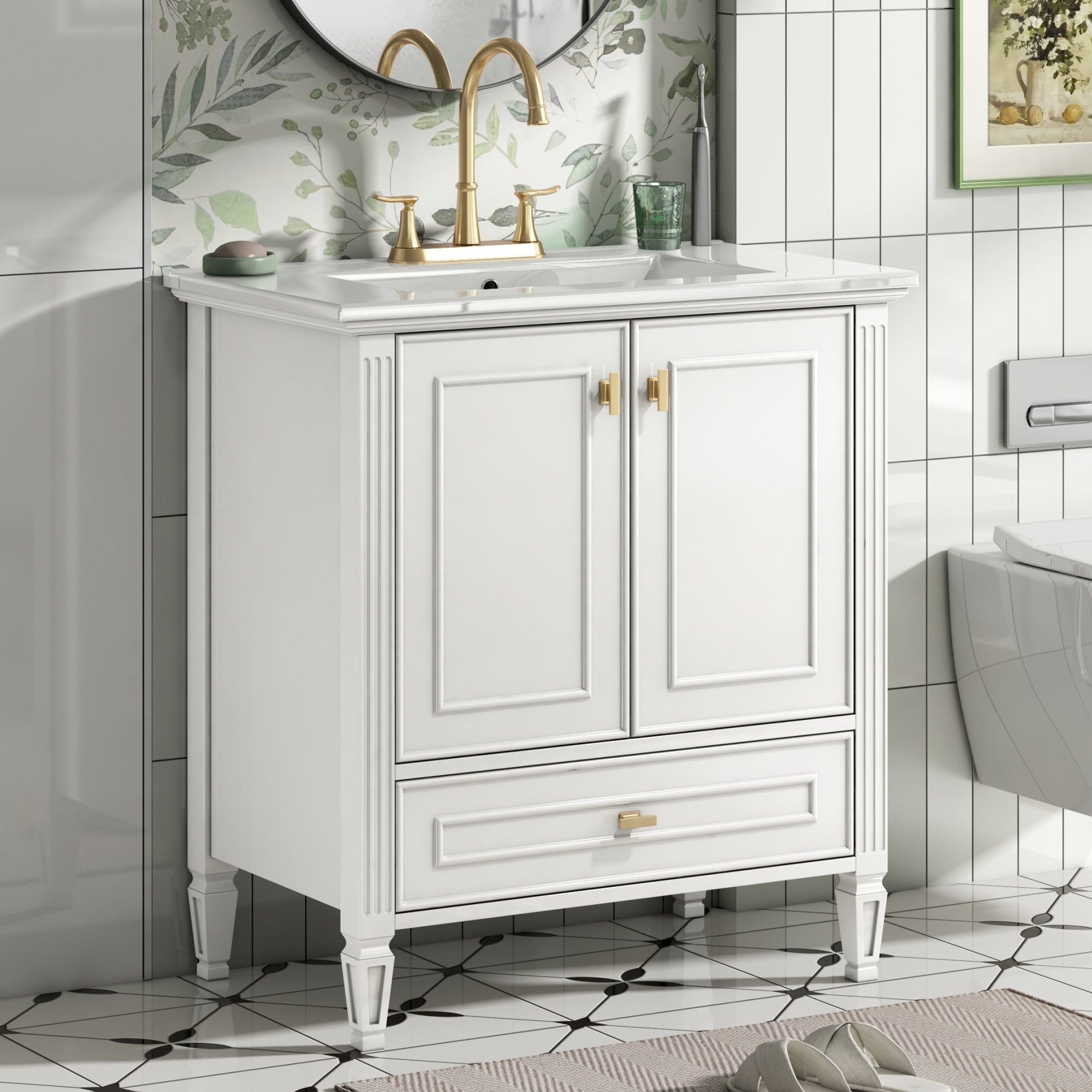 Christopher Knight Home Hartwell Freestanding Bathroom Vanity With Ceramic Sink Metal Handles Soft Close Storage