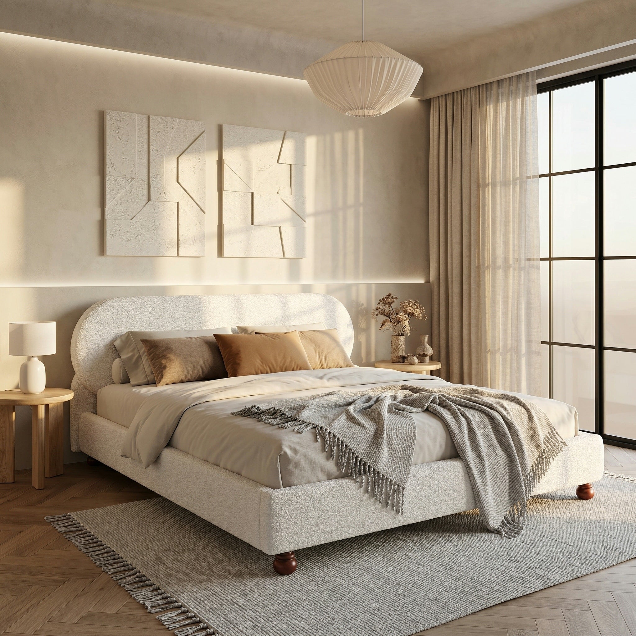 Christopher Knight Home Havenport Modern Boucle Upholstered Bed Frame With Rubberwood Legs