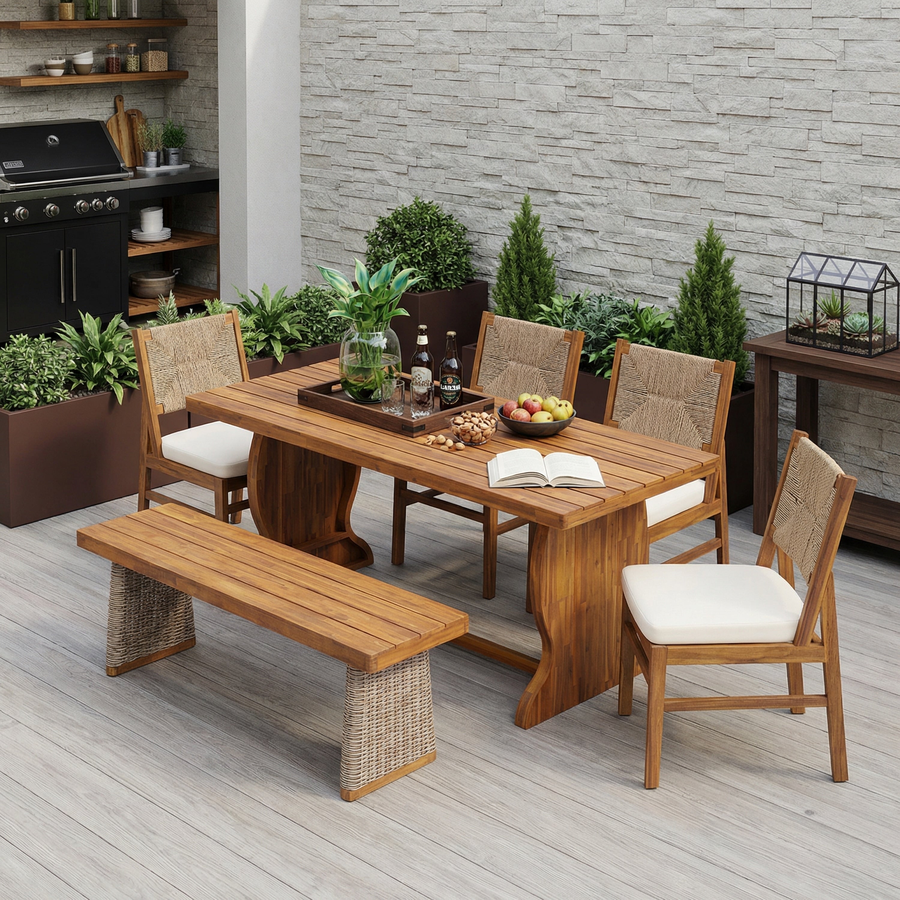 Christopher Knight Home Itsuko 6 Piece Outdoor Acacia Wood Dining Set With Woven Wicker Back Chairs Bench Slat Dining Table