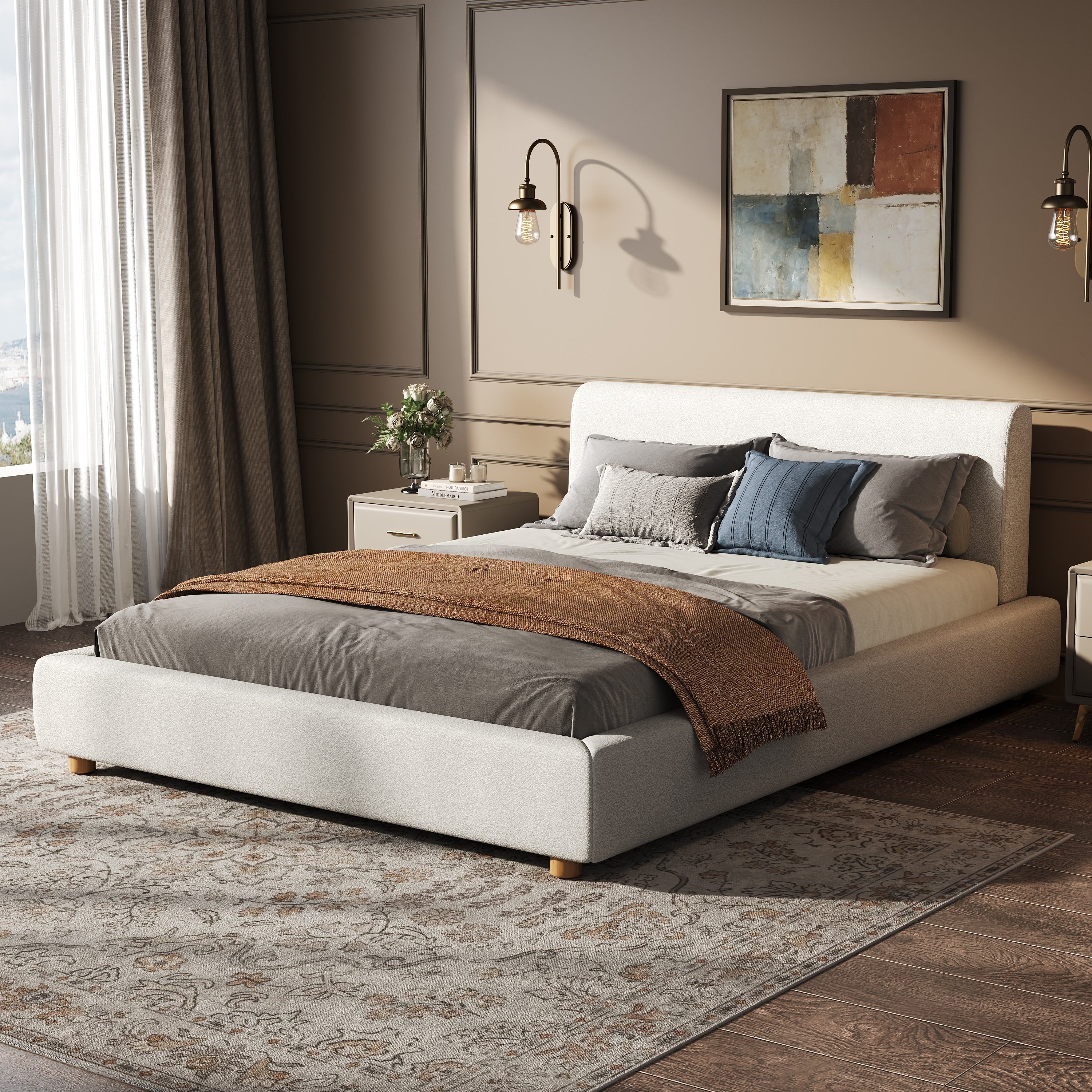 Christopher Knight Home Jaro Modern Boucle Upholstered Platform Bed Frame With Wooden Slats Support No Box Spring Needed