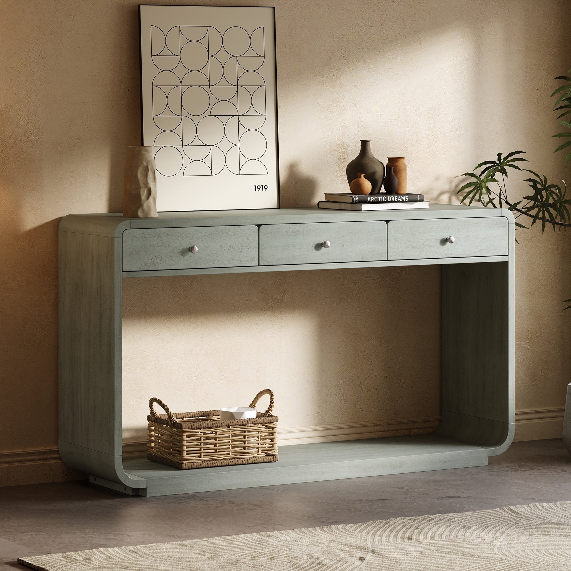 Christopher Knight Home Kennedy Classic Console Table With 3 Spacious Storage Drawers Curved Legs Display Shelf 55.1 L