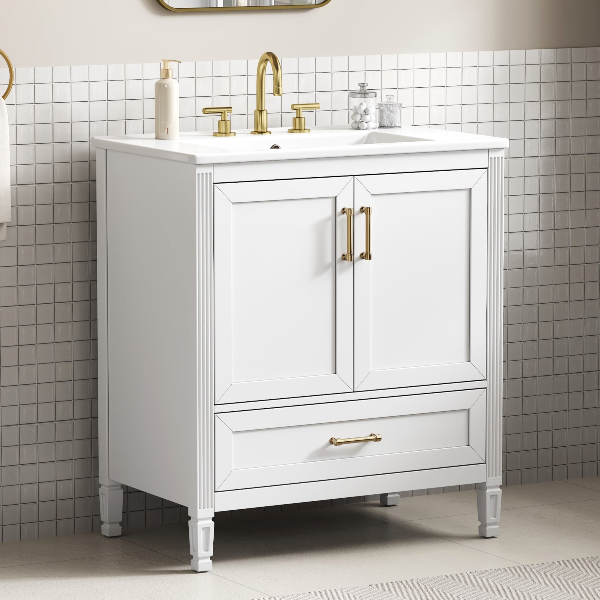 Christopher Knight Home Kensington 30 Inch Fluted Bathroom Vanity With Ceramic Sink Soft Close Storage And Wooden Legs