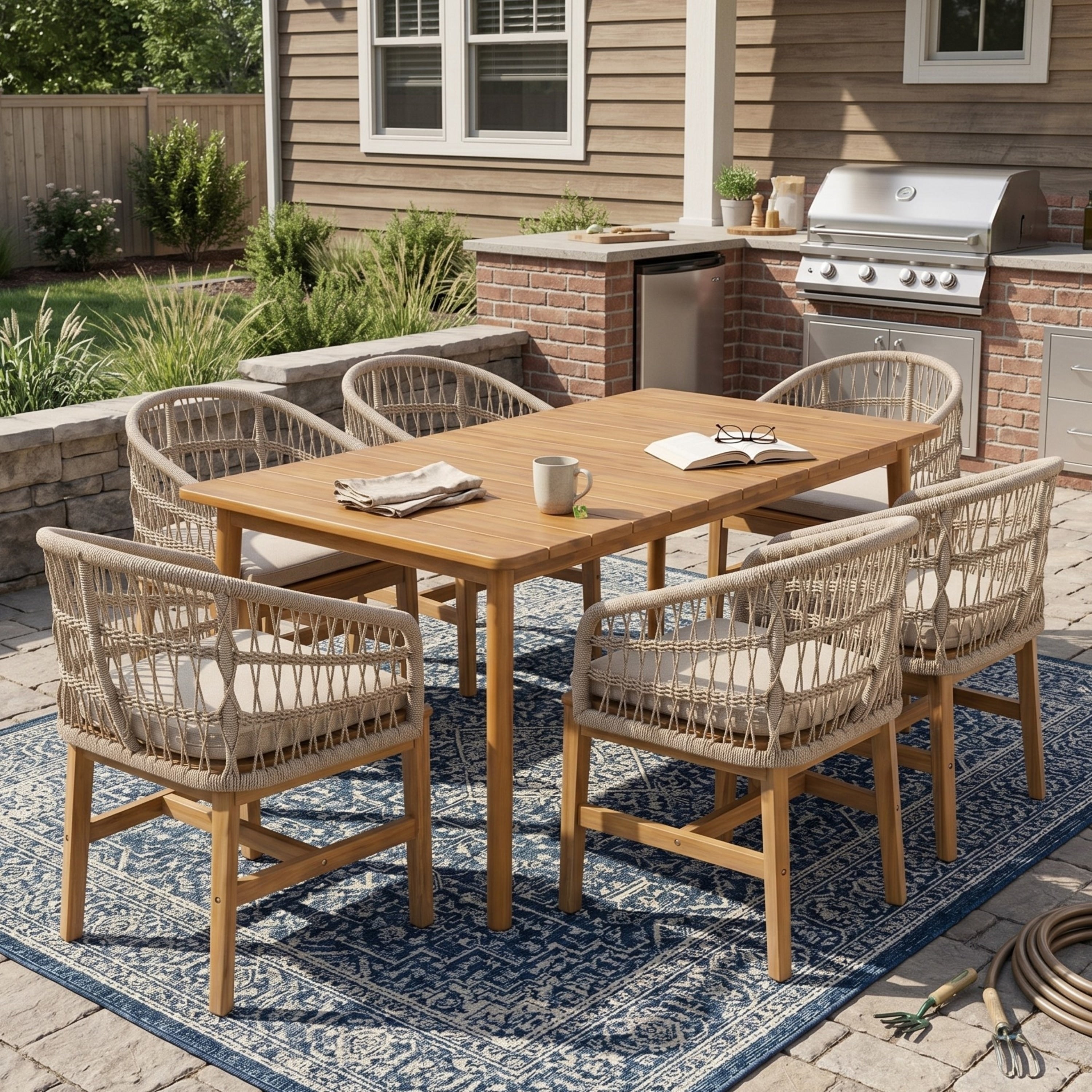 Christopher Knight Home Laguna 7 Piece Outdoor Dining Set In Acacia Wood With Rope Woven Chairs And Beige Cushions